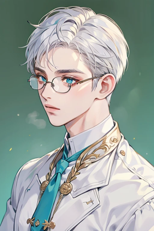((Masterpiece, Highest Quality)), Detailed Face, 1boy, young boy, white sweater, turquoise eyes, (((Top Quality))), Short hair, Shaved whiskey,Spits, white colored hair, Stylish glasses