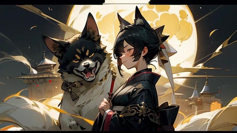 ((highest quality)), ((masterpiece)), Perfect Face。night。 Spotlight。Dark fantasy。moon。god。strongest。kimono。Castle。Muromachi Period。Shiba Inu。