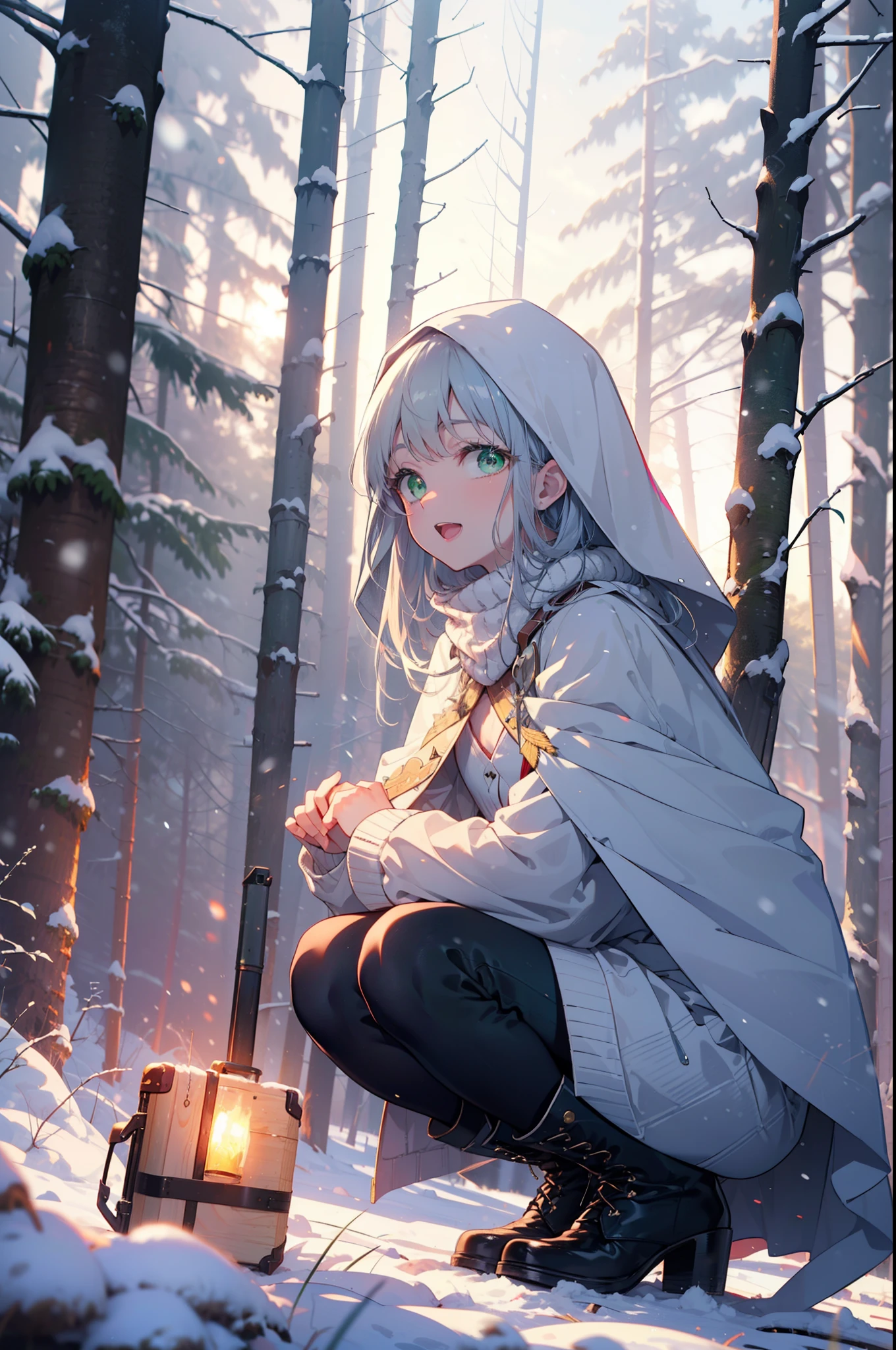 index, index, (Green Eyes:1.5), Silver Hair, Long Hair, (Flat Chest:1.2),happy smile, smile, Open your mouth,
Open your mouth,snow, fire, Outdoor, boots, snowing, From the side, wood, suitcase, Cape, Blurred, Food Up, forest, White handbag, nature, Squat, Mouth closed, フードed Cape, winter, Written boundary depth, Black shoes, red Cape break looking at viewer, Upper Body, whole body, break Outdoor, forest, nature, break (masterpiece:1.2), highest quality, High resolution, unity 8k wallpaper, (shape:0.8), (Beautiful and beautiful eyes:1.6), Highly detailed face, Perfect lighting, Extremely detailed CG, (Perfect hands, Perfect Anatomy),
