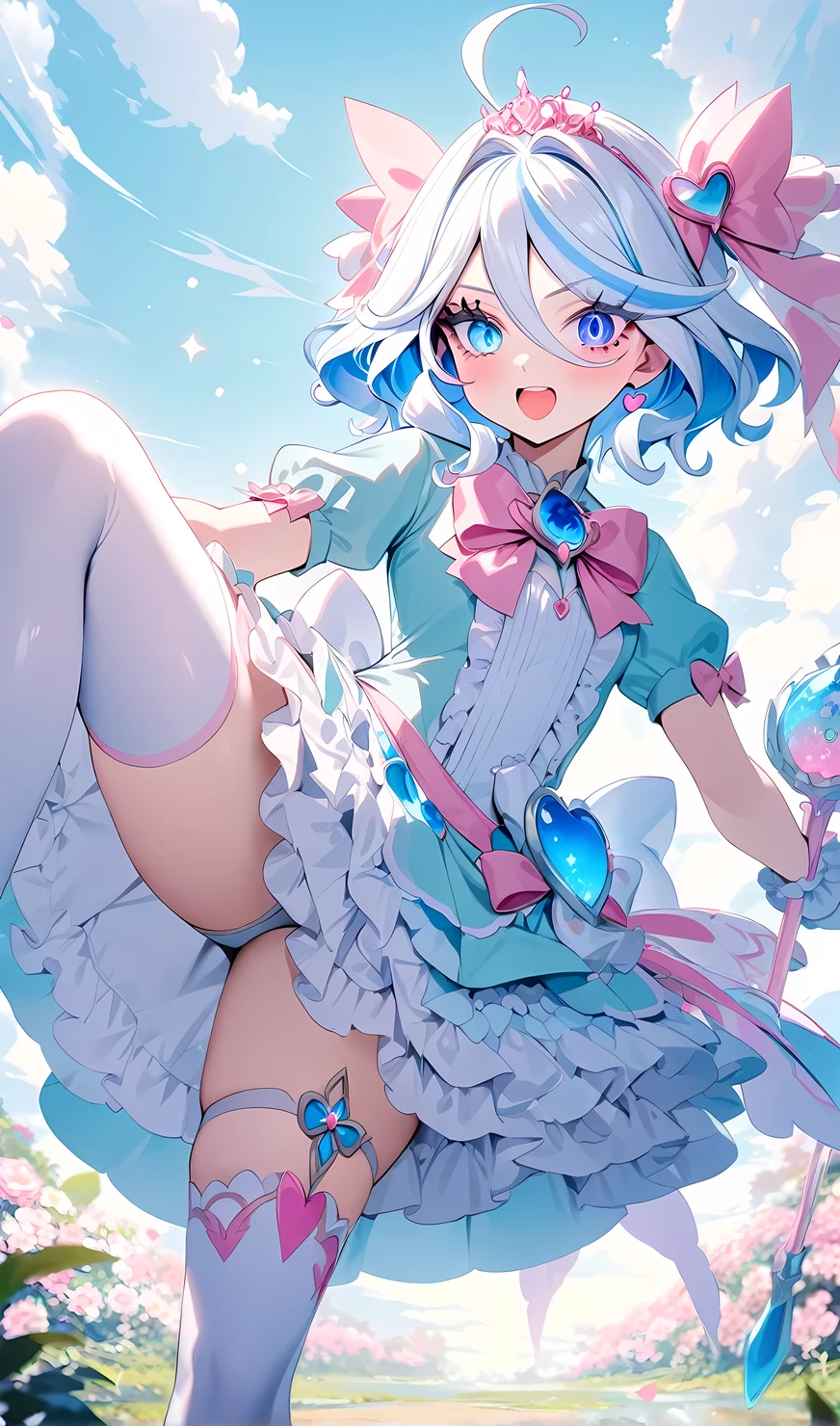 Furina, 1girl, samus aran, metroid, masterpiece, best quality, very aesthetic, absurdres, (pastel theme) magical girl, puffy magical girl dress, pastel colors, kawaii, frilled skirt, thighhighs, puffy short sleeves, gloves, tiara hairband, gem brooch, bow, ribbons, lace trim, frills, frilled fabric, petticoat,
lipstick, long eyelashes, eyeshadow, eyeliner, mascara, makeup,
outdoors, nature, clouds, heart earrings, heart accessories, jewelry, frilled boots, solo, magical girl pose, holding magical girl wand, standing on one leg, leg up