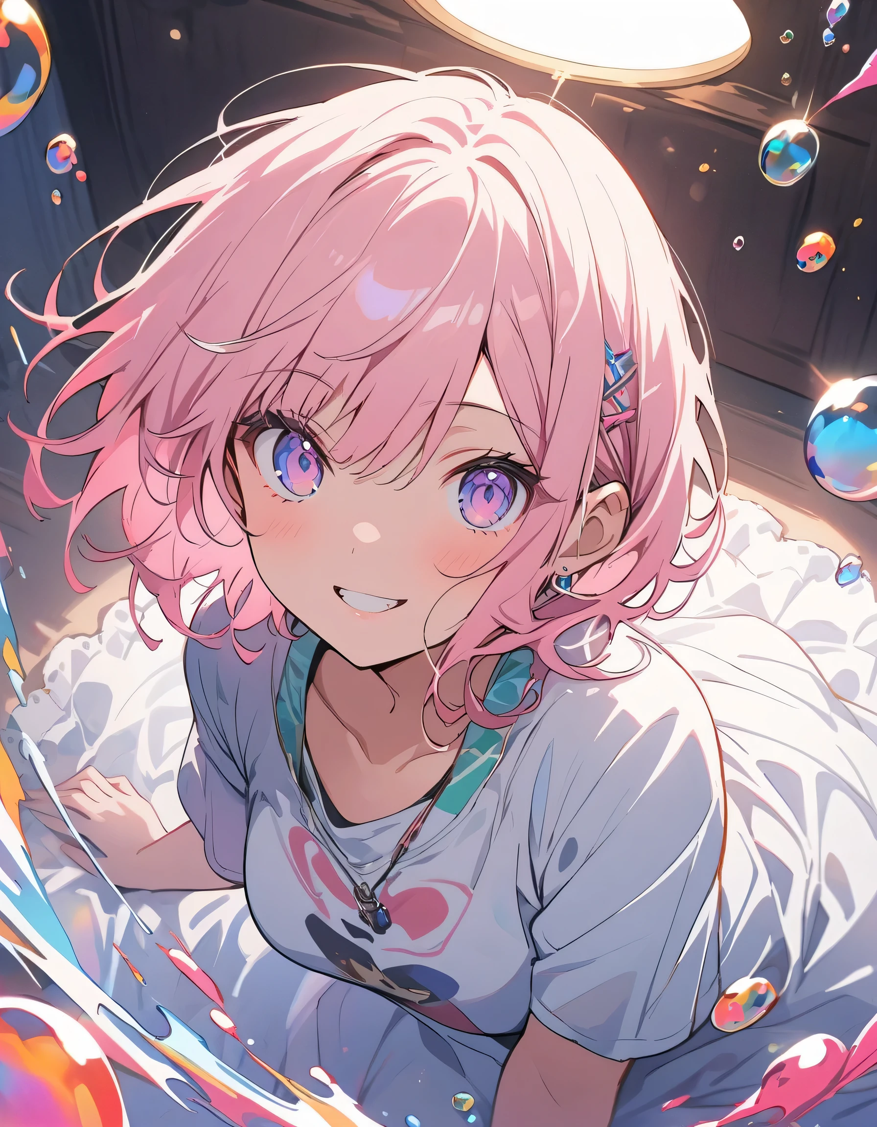 (highest quality、masterpiece、High resolution、detailed)、Anime Style、Flat Style、(Shine eyes、Beautiful Face), BREAK,1 girl、(Short Bob Hair、Light blue and pink hair、Hair has random pink mesh)、Casual Coordination、floating, (High saturation), (Colorful Splash), Colorful bubbles, (Shine), Focus on the face,extremely detailed、floating, (High saturation),(The Shining), Best lighting, Best Shadow、Peck finger, ((masterpiece)), highest quality, One girl, eye shadow, Full Body,Dynamic Angle、 Portraiture,