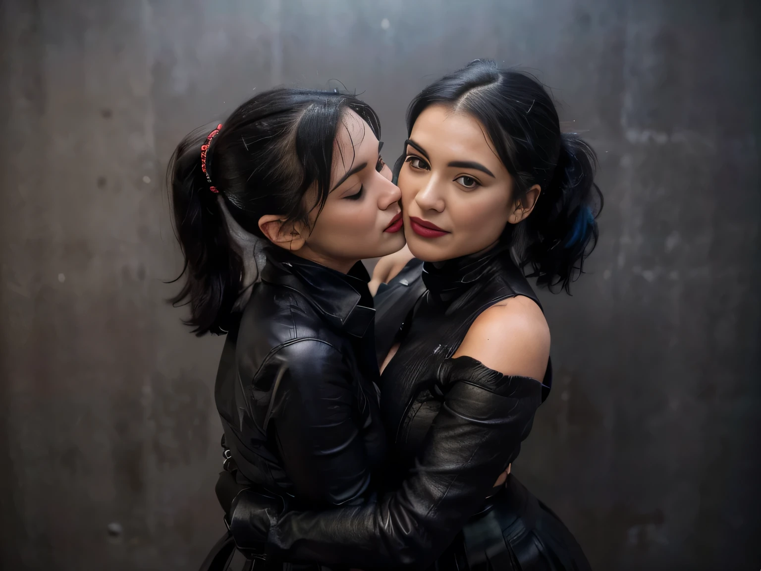 proFessional photograph oF a gorgeous smiling happy soaked Bettie page girl and her sister, (( grabbing from behind, kissing her on the neck,biting his ear )dressed with a large black leather coat,ponytail Black hair, red lipstick,black long maxi-skirt(black long maxi-skirt:1.2),sultry Flirty look, gorgeous symmetrical Face, joli maquillage naturel, wearing elegant warm winter Fashion clothing,flirting with the camera, ((black leather gloves)),, ultra realistic, art conceptuel, elegant, Very detailed, complexe, sharp Focus, depth oF Field, F/1. 8, 85mm, (((proFessionally color graded))), bright soFt diFFused light, (volumetric Fog), tendance sur Instagram, hdr 4k, 8K