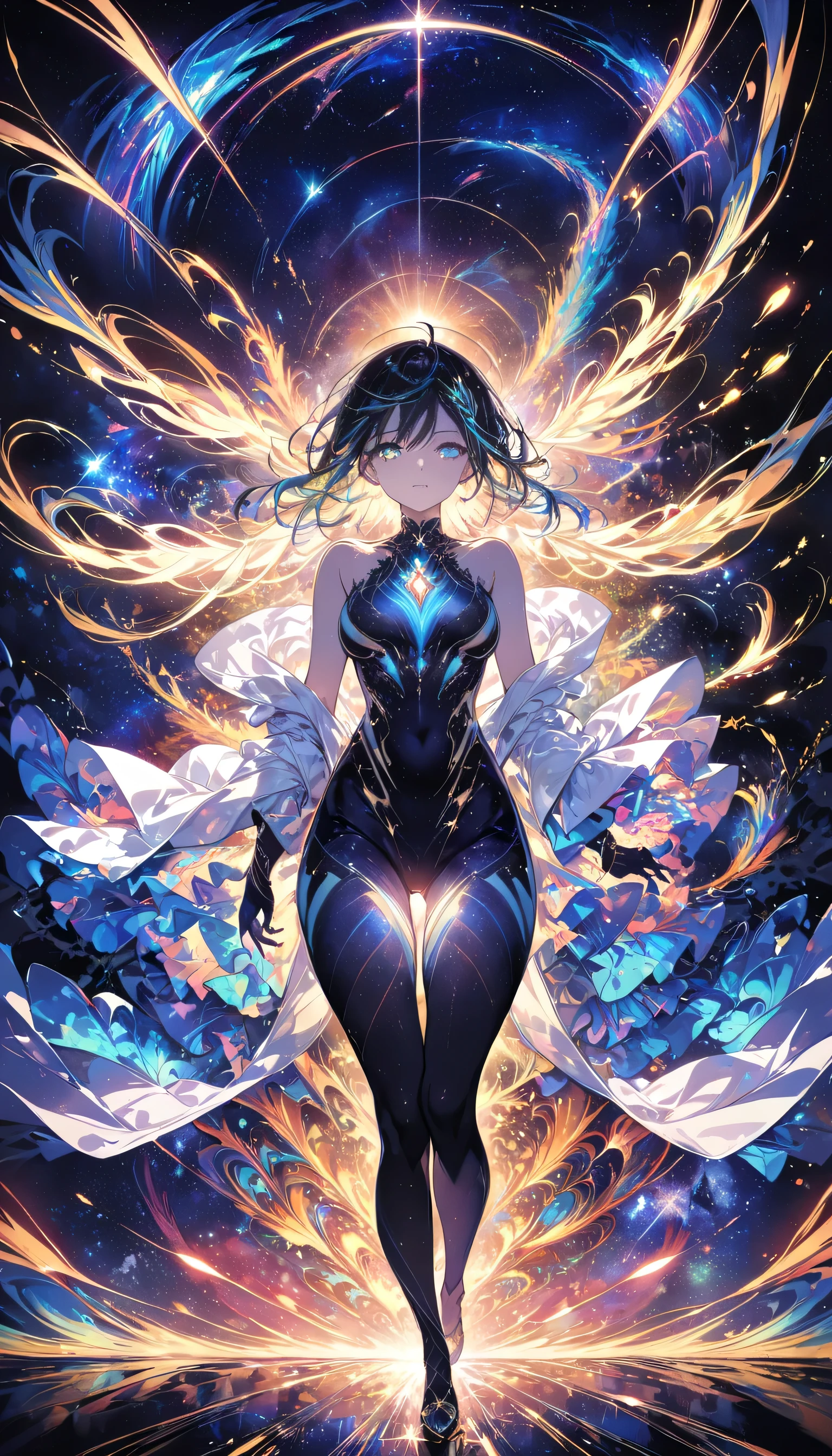 (masterpiece, highest quality, highest quality, Official Art, beautifully、aesthetic:1.2), (One girl), Highly detailed eyes, (Fractal Art:1.3), colorful, Most detailed, (Perfect Face), Shiny skin, High resolution, (White cloak, golden lines:1.2), Milky Way, (Streaks of Light), Impressive visuals, (Dynamic stripes, Light trail:1.2), Vibrant colors, (Phoenix), (Dragon)