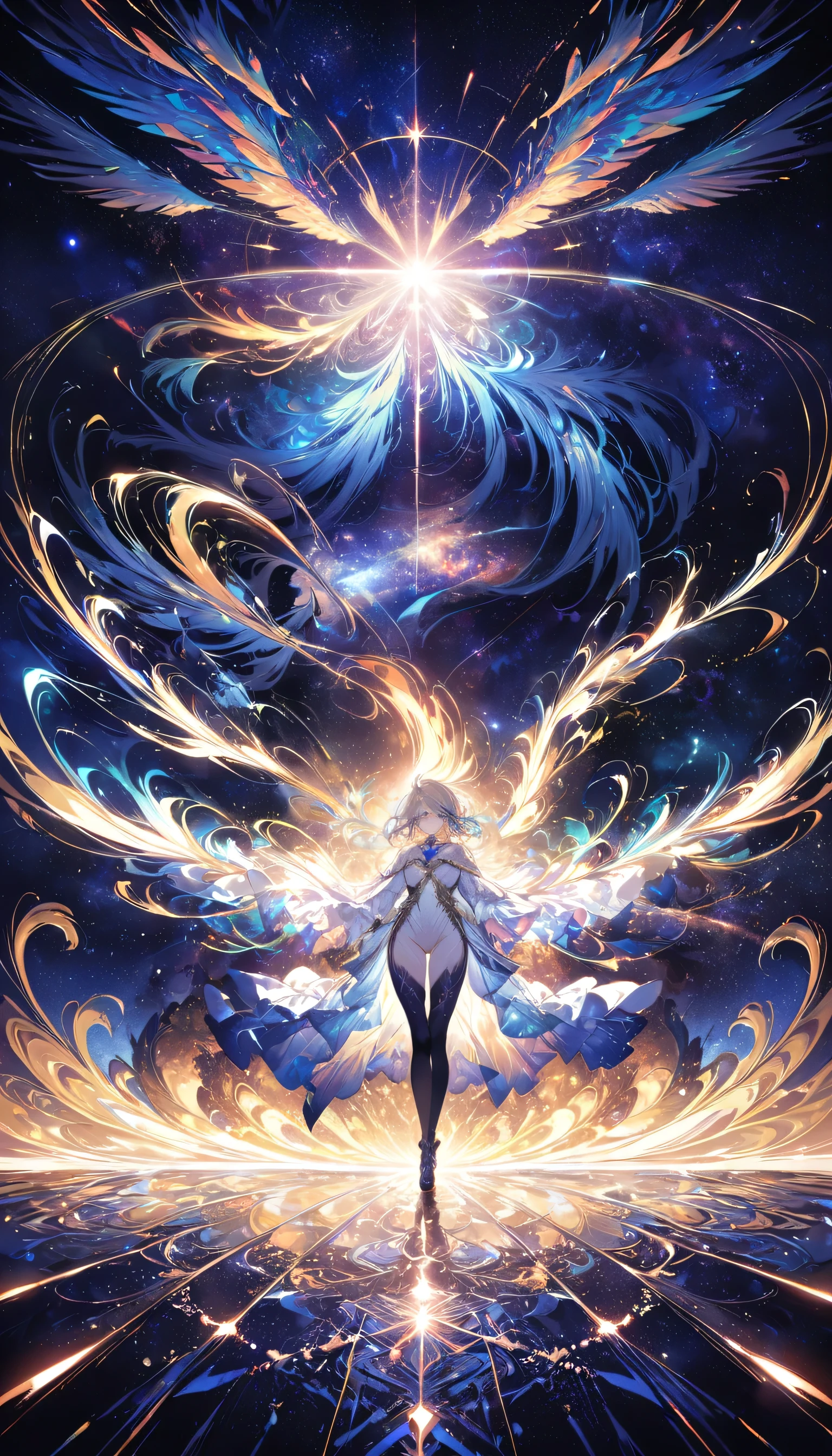 (masterpiece, highest quality, highest quality, Official Art, beautifully、aesthetic:1.2), (One girl), Highly detailed eyes, (Fractal Art:1.3), colorful, Most detailed, (Perfect Face), Shiny skin, High resolution, (White cloak, golden lines:1.2), Milky Way, (Streaks of Light), Impressive visuals, (Dynamic stripes, Light trail:1.2), Vibrant colors, (Phoenix), (Dragon)
