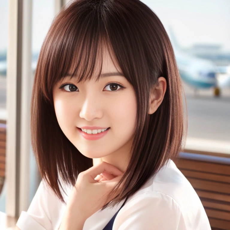 masterpiece、highest quality、High resolution、Tabletop、wallpaper、Realistic、Professional Lighting、Face Light、Smooth lighting、Japanese women、Beautiful woman、Age 25、Beautiful Skin、Beautiful and detailed、Detailed face、short hair、Black Hair、Brown eyes、Looking at the camera、Upper Body Shot, A stylish cafe terrace inside the airport, 1 girl, 若くて美しいJapanese women, Long Hair, Super cute face,Wearing a short-sleeved satin silk white shirt with a collar, Lots of smiles on the airport cafe terrace, Glossy Lips, Double eyelids on both eyes, Natural Makeup, Long eyelashes, shiny smooth black hair、Attention to detail, Detailed hairstyle, Perfect body,Before you leave for your trip abroad