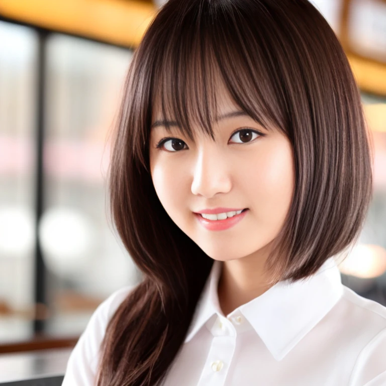 masterpiece、highest quality、High resolution、Tabletop、wallpaper、Realistic、Professional Lighting、Face Light、Smooth lighting、Japanese women、Beautiful woman、Age 25、Beautiful Skin、Beautiful and detailed、Detailed face、short hair、Black Hair、Brown eyes、Looking at the camera、Upper Body Shot, A stylish cafe terrace inside the airport, 1 girl, 若くて美しいJapanese women, Long Hair, Super cute face,Wearing a short-sleeved satin silk white shirt with a collar, Lots of smiles on the airport cafe terrace, Glossy Lips, Double eyelids on both eyes, Natural Makeup, Long eyelashes, shiny smooth black hair、Attention to detail, Detailed hairstyle, Perfect body,Before you leave for your trip abroad