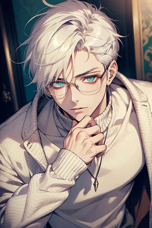 ((Masterpiece, Highest Quality)), Detailed Face, male, white sweater, turquoise eyes, (((Top Quality))), Short hair, Shaved whiskey,Spits, white colored hair, Stylish glasses