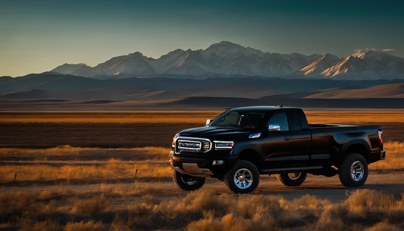 Black pickup truck on big wheels with lights on the roof. In the steppe against the backdrop of mountains and clear skies.