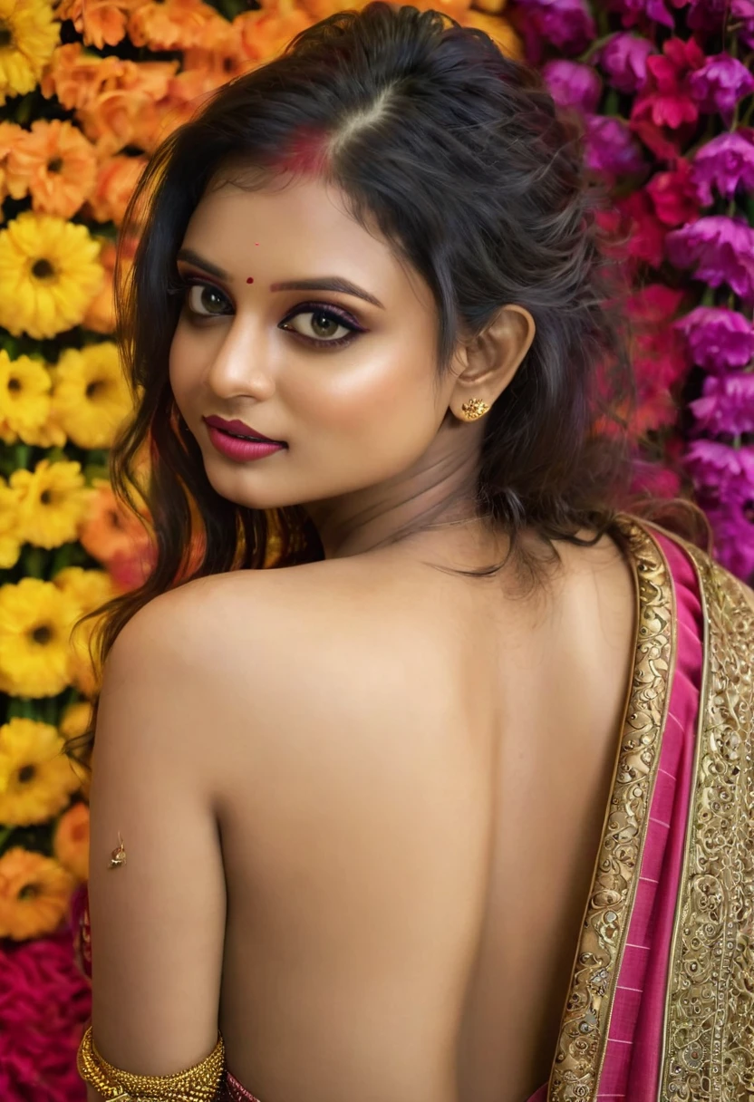 (best quality,4k,8k,highres,masterpiece:1.2),ultra-detailed,(realistic,photorealistic,photo-realistic:1.37),hot kerala girl in studio,20 years old,sexy wedding saree,firm breast,sexy ass,hourglass figure,slim body, honeymoon mood,sexy eyes,beautiful detailed lips,longeyelashes,medium breast,fit body,vivid colors,studio lighting,sharp focus,physically-based rendering,ultra-fine painting,professional,palette of warm tones,hints of gold,soft and sensual lighting