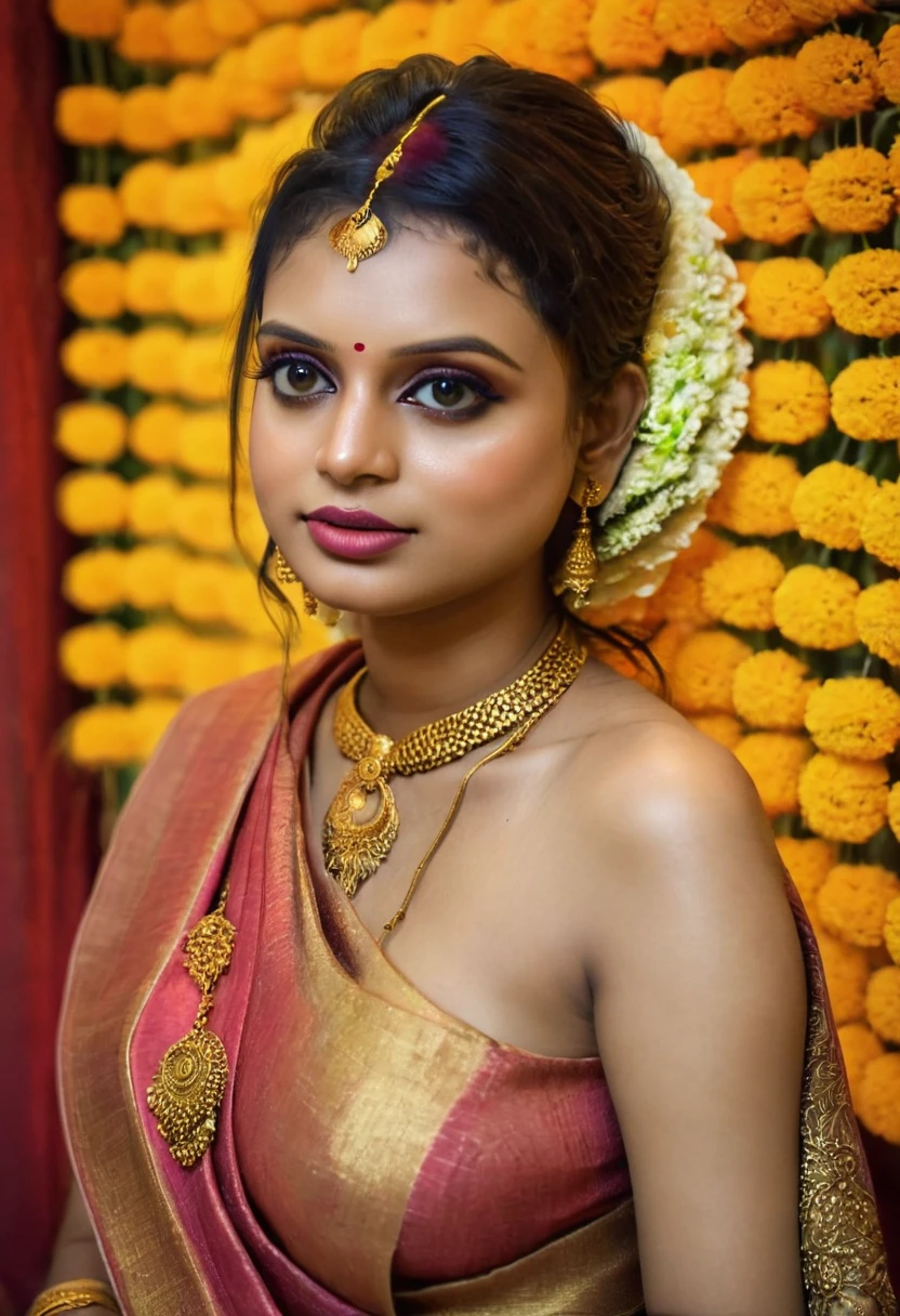 (best quality,4k,8k,highres,masterpiece:1.2),ultra-detailed,(realistic,photorealistic,photo-realistic:1.37),hot kerala girl in studio,20 years old,sexy wedding saree,firm breast,sexy ass,hourglass figure,slim body, honeymoon mood,sexy eyes,beautiful detailed lips,longeyelashes,medium breast,fit body,vivid colors,studio lighting,sharp focus,physically-based rendering,ultra-fine painting,professional,palette of warm tones,hints of gold,soft and sensual lighting