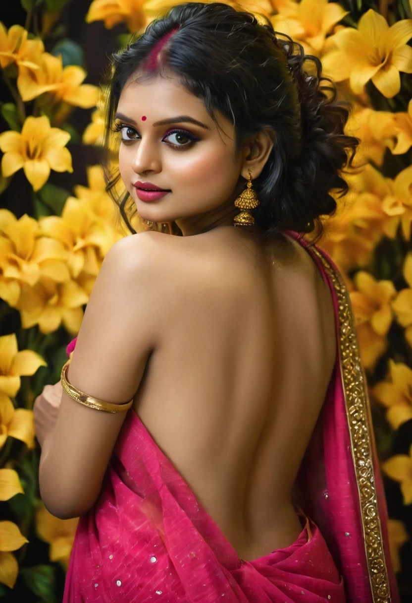 (best quality,4k,8k,highres,masterpiece:1.2),ultra-detailed,(realistic,photorealistic,photo-realistic:1.37),hot kerala girl in studio,20 years old,sexy wedding saree,firm breast,sexy ass,hourglass figure,slim body, honeymoon mood,sexy eyes,beautiful detailed lips,longeyelashes,medium breast,fit body,vivid colors,studio lighting,sharp focus,physically-based rendering,ultra-fine painting,professional,palette of warm tones,hints of gold,soft and sensual lighting