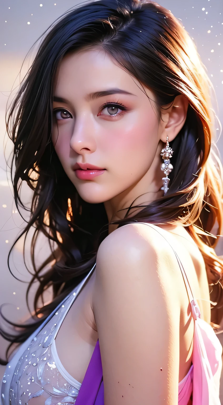 highest quality, masterpiece, (Realistic:1.2), 1 girl, Detailed face, Beautiful Eyes, (masterpiece:1.2, highest quality), (finely detailed Beautiful Eyes: 1.2), (Very detailed CG Unity 8k wallpaper, masterpiece, highest quality, Very detailedな, Best Shadow), (Detailed Background), (beautiful Detailed face, Beautiful fine details), High Contrast, (Best lighting, Very delicate and beautiful),One girl,((Colorful paint splatters on a transparent background, Dulux,)), Dynamic Angle, Beautiful sparkle, whole body, Cowboy Shot, Gray Hair, Purple eyes, highest quality, masterpiece, (Realistic:1.2), Lotus flower, Shine, In the night sky, Starry Sky, Very detailed, Ultra-high resolution, super high quality,