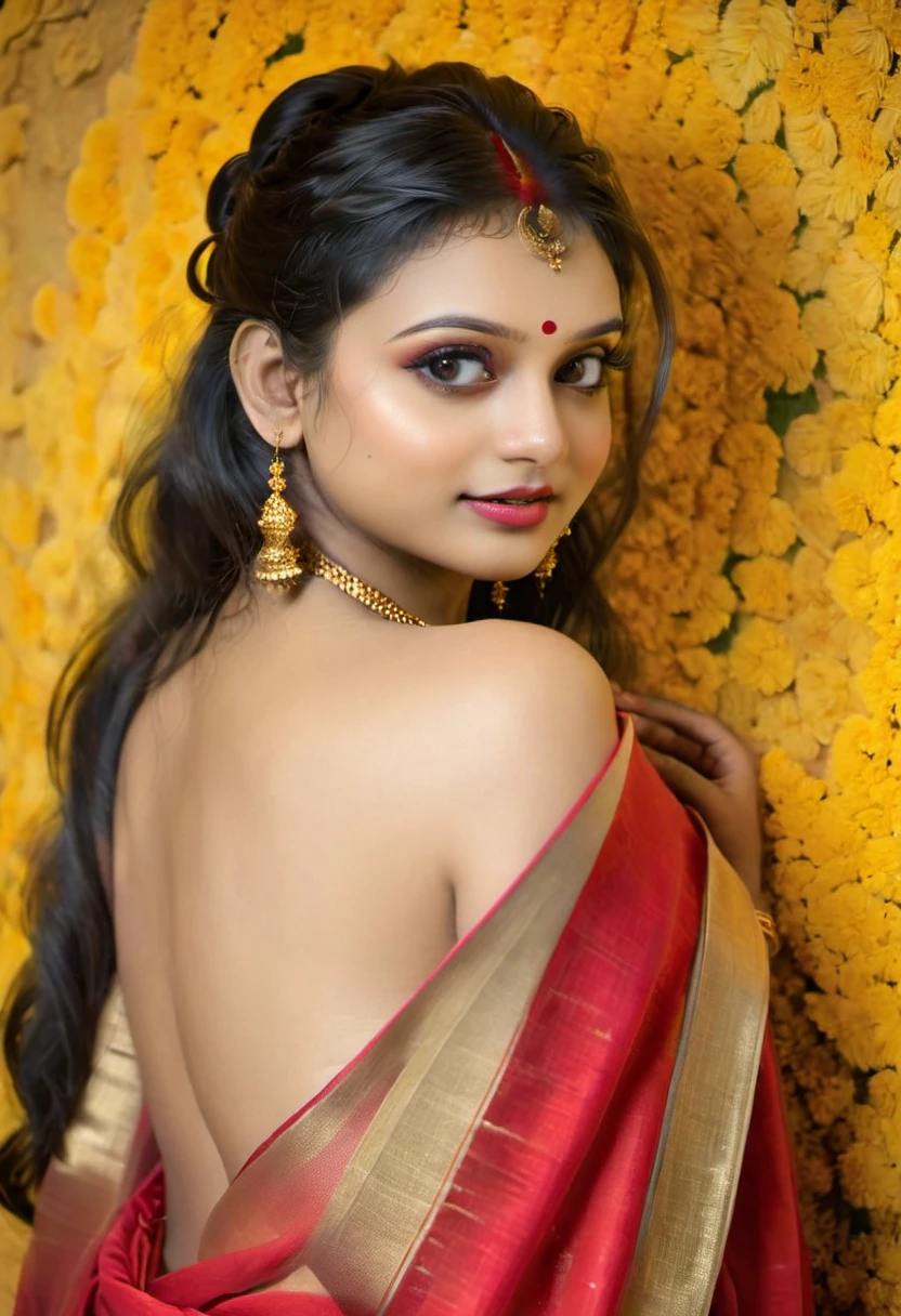 (best quality,4k,8k,highres,masterpiece:1.2),ultra-detailed,(realistic,photorealistic,photo-realistic:1.37),hot kerala girl in studio,20 years old,sexy wedding saree,firm breast,sexy ass,hourglass figure,slim body, honeymoon mood,sexy eyes,beautiful detailed lips,longeyelashes,medium breast,fit body,vivid colors,studio lighting,sharp focus,physically-based rendering,ultra-fine painting,professional,palette of warm tones,hints of gold,soft and sensual lighting