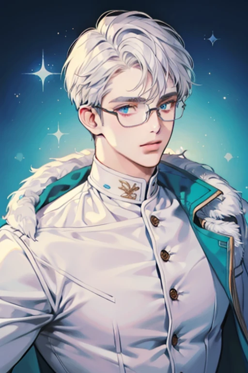 ((Masterpiece, Highest Quality)), Detailed Face, male, white sweater, turquoise eyes, (((Top Quality))), Short hair, Shaved whiskey,Spits, white colored hair, Stylish glasses