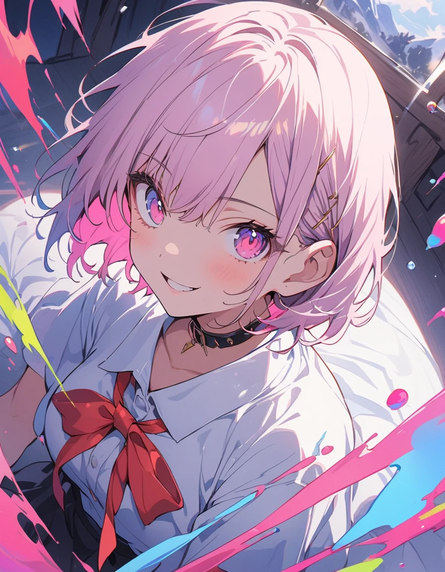 (highest quality、masterpiece、High resolution、detailed)、Anime Style、Flat Style、(Shine目、detailed美しい顔),  BREAK,1 girl、(Short Bob Hair、Dark blue and pink hair、Pink inner collar)、Casual Coordination、floating, (High saturation), (Colorful Splash), Colorful bubbles, (Shine), Focus on the face,extremely detailed、floating, (High saturation),(The Shining), Best lighting, Best Shadow、Peck finger, ((masterpiece)), highest quality, One girl, eye shadow, Full Body,Dynamic Angle、 Portraiture, 