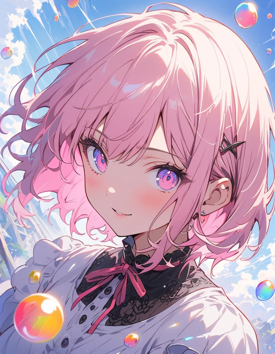 (highest quality、masterpiece、High resolution、detailed)、Anime Style、Flat Style、(Shine目、detailed美しい顔), BREAK,1 girl、(Short Bob Hair、Dark blue and pink hair、Pink inner collar)、Casual Coordination、floating, (High saturation), (Colorful Splash), Colorful bubbles, (Shine), Focus on the face,extremely detailed、floating, (High saturation),(The Shining), Best lighting, Best Shadow、Peck finger, ((masterpiece)), highest quality, One girl, eye shadow, Full Body,Dynamic Angle、 Portraiture,