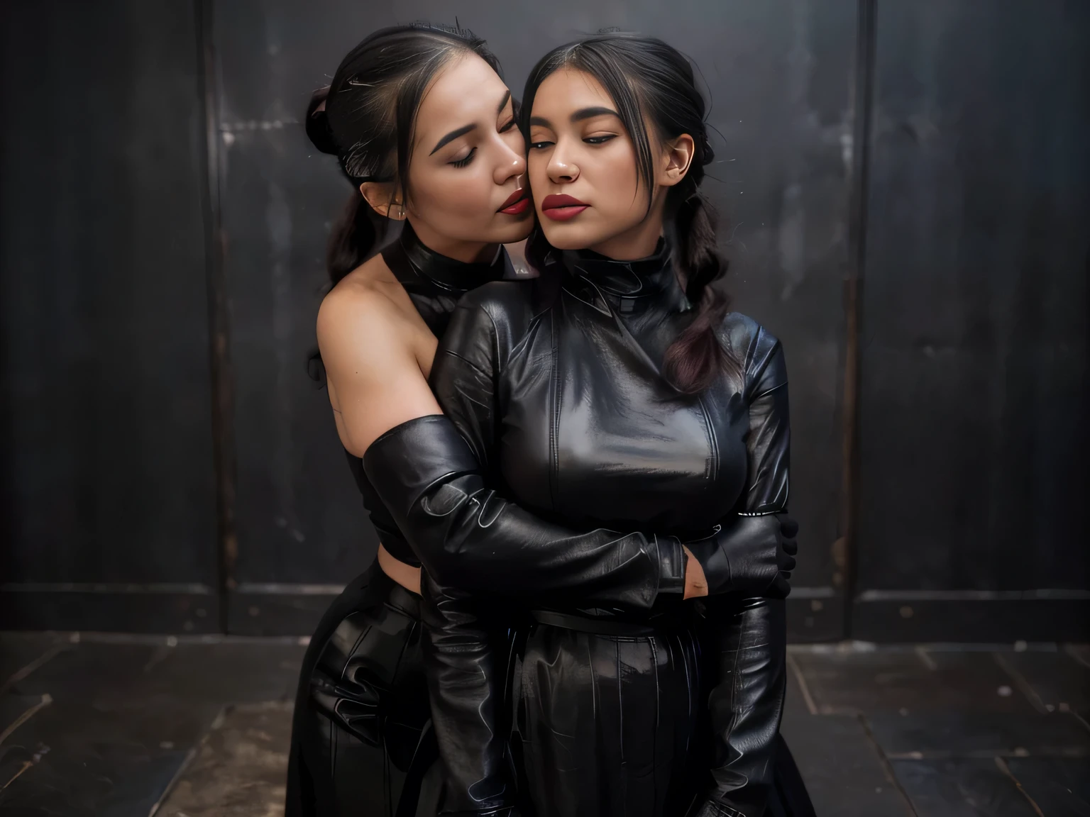 proFessional photograph oF a gorgeous eyes closed soaked Bettie page girl and her sister, (( grabbing from behind, kissing her on the neck,biting his ear )dressed with a large black leather coat,ponytail Black hair, red lipstick,black long maxi-skirt(black long maxi-skirt:1.2),sultry Flirty look, gorgeous symmetrical Face, joli maquillage naturel, wearing elegant warm winter Fashion clothing,flirting with the camera, ((black leather gloves)),, ultra realistic, art conceptuel, elegant, Very detailed, complexe, sharp Focus, depth oF Field, F/1. 8, 85mm, (((proFessionally color graded))), bright soFt diFFused light, (volumetric Fog), tendance sur Instagram, hdr 4k, 8K