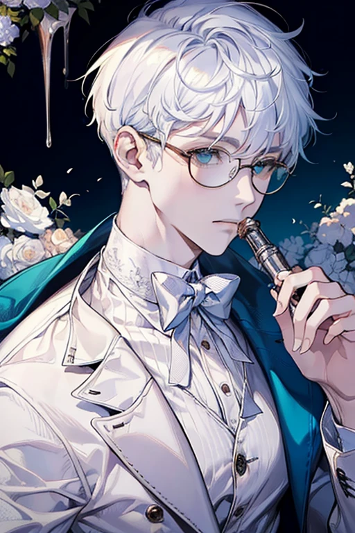 ((Masterpiece, Highest Quality)), Detailed Face, male, white sweater, turquoise eyes, (((Top Quality))), Short hair, Shaved whiskey,Spits, white colored hair, Stylish glasses