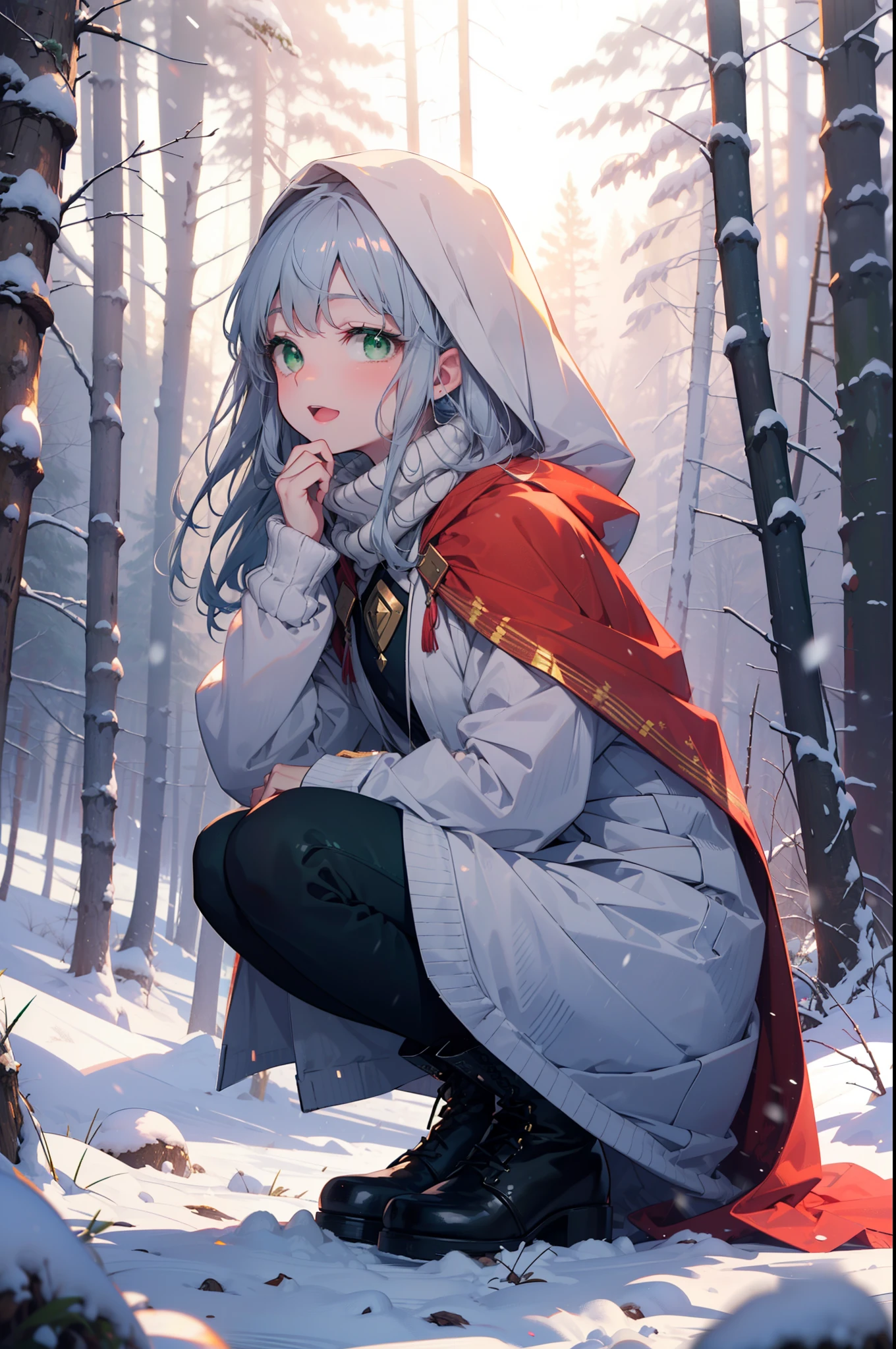 index, index, (Green Eyes:1.5), Silver Hair, Long Hair, (Flat Chest:1.2),happy smile, smile, Open your mouth,
Open your mouth,snow, fire, Outdoor, boots, snowing, From the side, wood, suitcase, Cape, Blurred, Food Up, forest, White handbag, nature,  Squat, Mouth closed, フードed Cape, winter, Written boundary depth, Black shoes, red Cape break looking at viewer, Upper Body, whole body, break Outdoor, forest, nature, break (masterpiece:1.2), highest quality, High resolution, unity 8k wallpaper, (shape:0.8), (Beautiful and beautiful eyes:1.6), Highly detailed face, Perfect lighting, Extremely detailed CG, (Perfect hands, Perfect Anatomy),