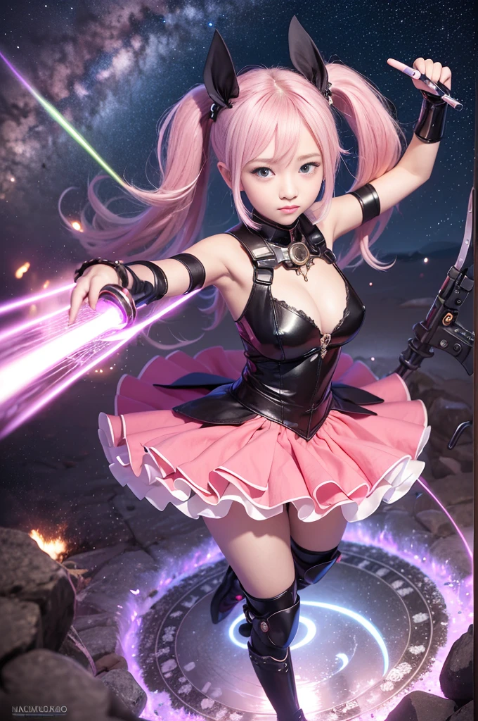 smile、((Cleavage fully exposed))、(((nsfw:1.25))),,(((a very young child:1.44))),(very short hair),(fullbody,(A who is a :1.3),(SF),full body,absurdres, absolutely resolution, incredibly absurdres, highres, ultra detailed, official art, unity 8k wallpaper, BREAK 1 girl, soro, twintails, long hair, blonde hair, (magic girl:1.2), pink magic dress, too many frills, blue eyes, doyagao, smile, BREAK holding weapon, (holding staff:1.2), (mechanical staff:1.2), heavy weapon staff, magic circle, fighting stance, BREAK beam, laser, mecha musume, mechanical wings, thrusters, BREAK night sky, frying, night view,