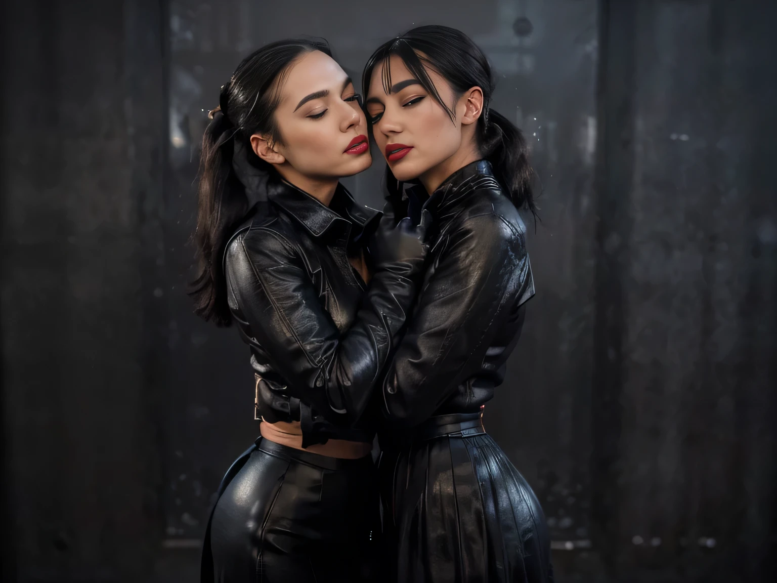 proFessional photograph oF a gorgeous eyes closed soaked Bettie page girl and her sister, (( grabbing from behind, kissing her on the neck,biting his ear )dressed with a large black leather coat,ponytail Black hair, red lipstick,black long maxi-skirt(black long maxi-skirt:1.2),sultry Flirty look, gorgeous symmetrical Face, joli maquillage naturel, wearing elegant warm winter Fashion clothing,flirting with the camera, ((black leather gloves)),, ultra realistic, art conceptuel, elegant, Very detailed, complexe, sharp Focus, depth oF Field, F/1. 8, 85mm, (((proFessionally color graded))), bright soFt diFFused light, (volumetric Fog), tendance sur Instagram, hdr 4k, 8K