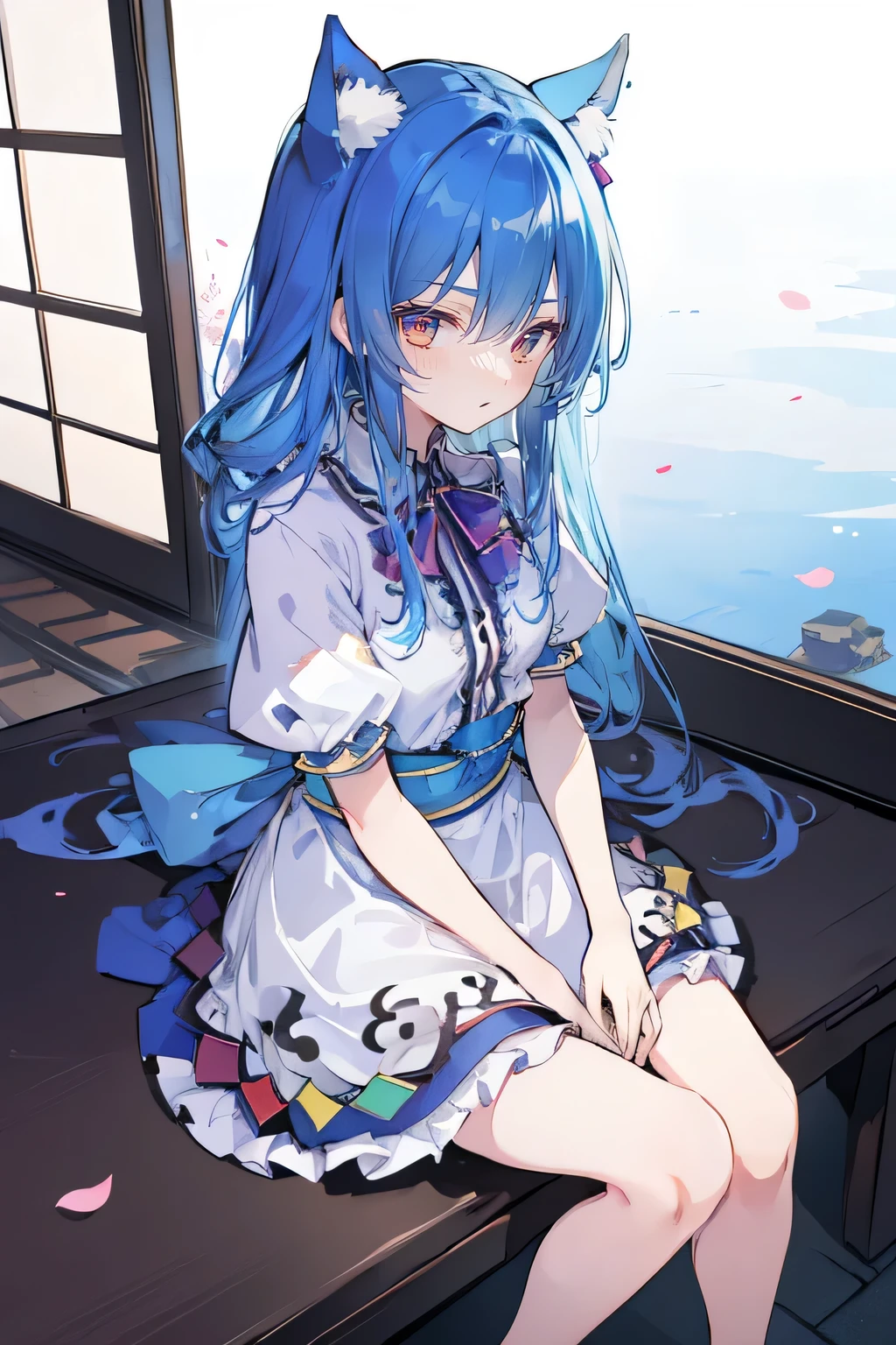 (masterpiece:1.2),ultra-detailed,realistic,expressive eyes,fair-skinned,perfectly shaped face,1girl,
Japanese cartoons,Gorgeous blue hair, flowing blue hair,floating clothes,cat ears,petals falling,beautiful Lola,Hina Angel,
hands on waist,gracefully sitting on the ground,legs crossed,gentle and serene background,cool and comfortable pavilion.
