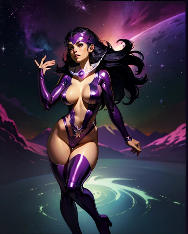 Long curled Black hair, tanned, ((tight cosmic metallic spandex minidress)), violet lipstick, small perky breasts, evening dusk, forward facing camera, torso close up