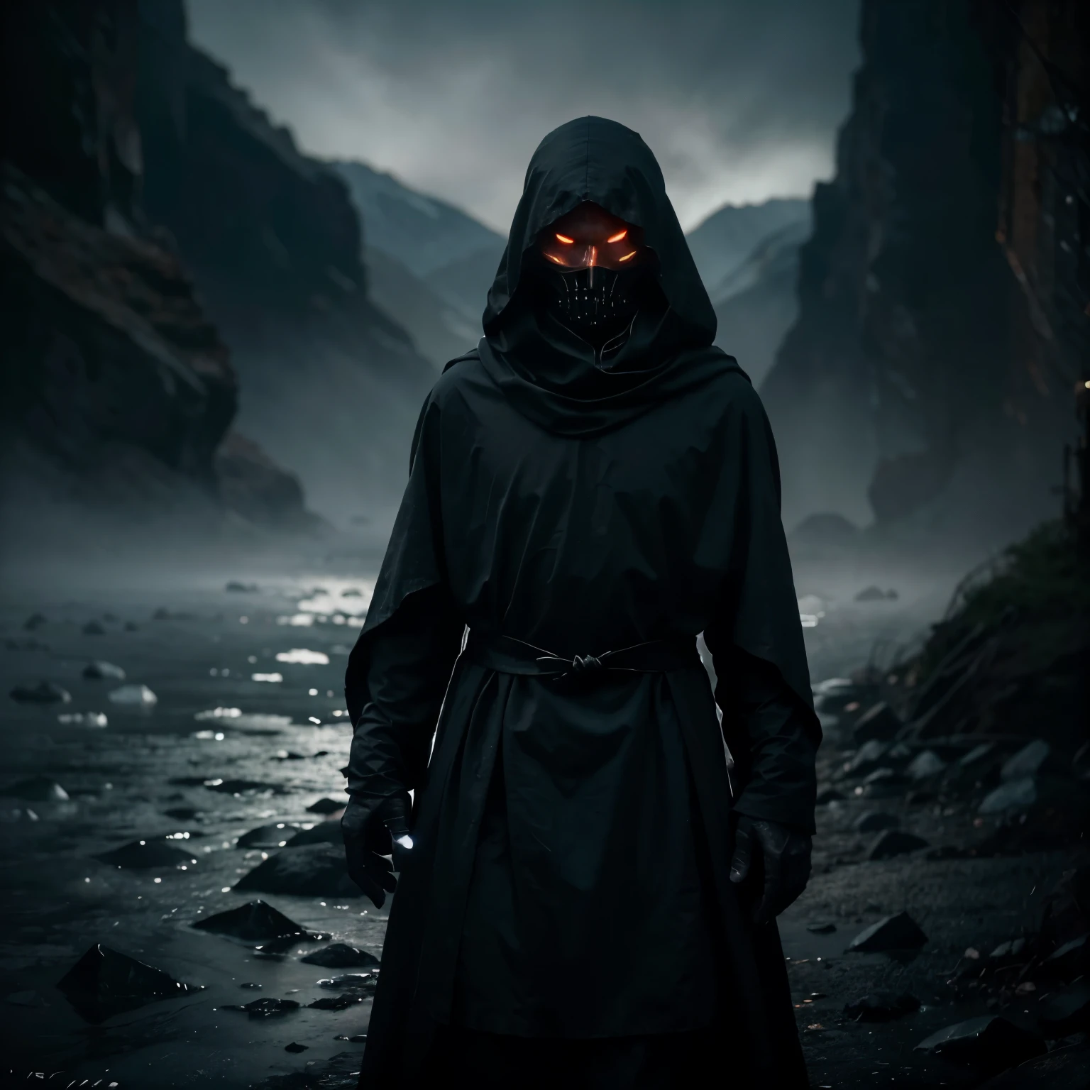 (((8k, very high resolution, masterpiece))), generate a high-resolution image of a wraith, a malevolent spirit that wanders through the mortal realm in search of souls to claim. The wraith should be depicted as a shrouded figure, its face obscured by a red rag, and its body wreathed in an ethereal, ghostly mist. The wraith should be holding a lantern that emits a spectral light, which it uses to guide the souls it deems unworthy to rest to their ultimate fate. The lantern is attached to one of his shrouded hand with a spiked chain. For a profile picture
The setting should be dark and eerie, depicting the wraith as a harbinger of death and despair. The background is an icy, dark cave, the light weak, mostly coming from the lantern of the spectre. The colors should be muted and ominous, with a focus on shades of red and blue. Use Stable Diffusion to ensure the generated image is visually consistent and coherent, with a high level of detail and realism.