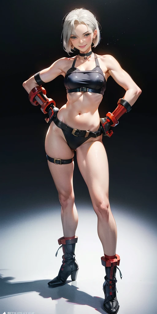 (Cammy White Street Fighter 6 with white silver short bob haircut) Female full body standing straight symmetrical feet together with Footless Tights, huge belt around waistline (choker, bracers, handcuffs, shackles, rerebrace, high boots with bootstraps, faulds, poleyn, gloves, gauntlets), lustful smirking smile face red blushed red cheeks, (hands (clenching) on hips)