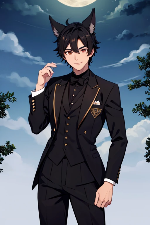 A black haired male student with golden eyes and black fox ears and a black fox tail in a Victorian suit is smiling in front of a full moon