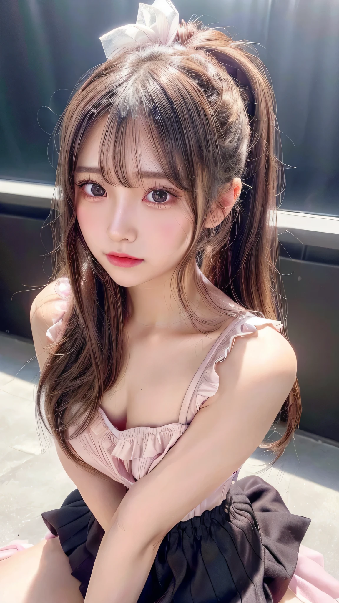 Close-up of face,Blushing,Facing forward,Close-up of face,Small breasts,,Long hair ponytail,concert,On stage,((8K, Raw photo, Best Quality, Mastepiece:1.2), (Realism, Photorealistic:1.4), (Highly detailed 8K wallpapers), Depth of written boundary, Cinematic Lighting, Soft Light, Detailed Beauty Eye,Shiny and smooth light brown ponytail, Asymmetrical bangs, Shiny skin, Ultra-detailed skins ,It is high resolution., High detail, Detailed hairstyle, Detailed facial beauty, Hyper-realistic, Perfect limbs, Perfect Anatomy ,1 Japanese girl,Famous Japanese Idols, Perfect female body,A shy smile,Short eyelashes,Double-edged eyelids,Look straight here,Hair style: ponytail、She is wearing a skirt with lots of frills,The pose is random,Pink frilly dress,Close-up of face