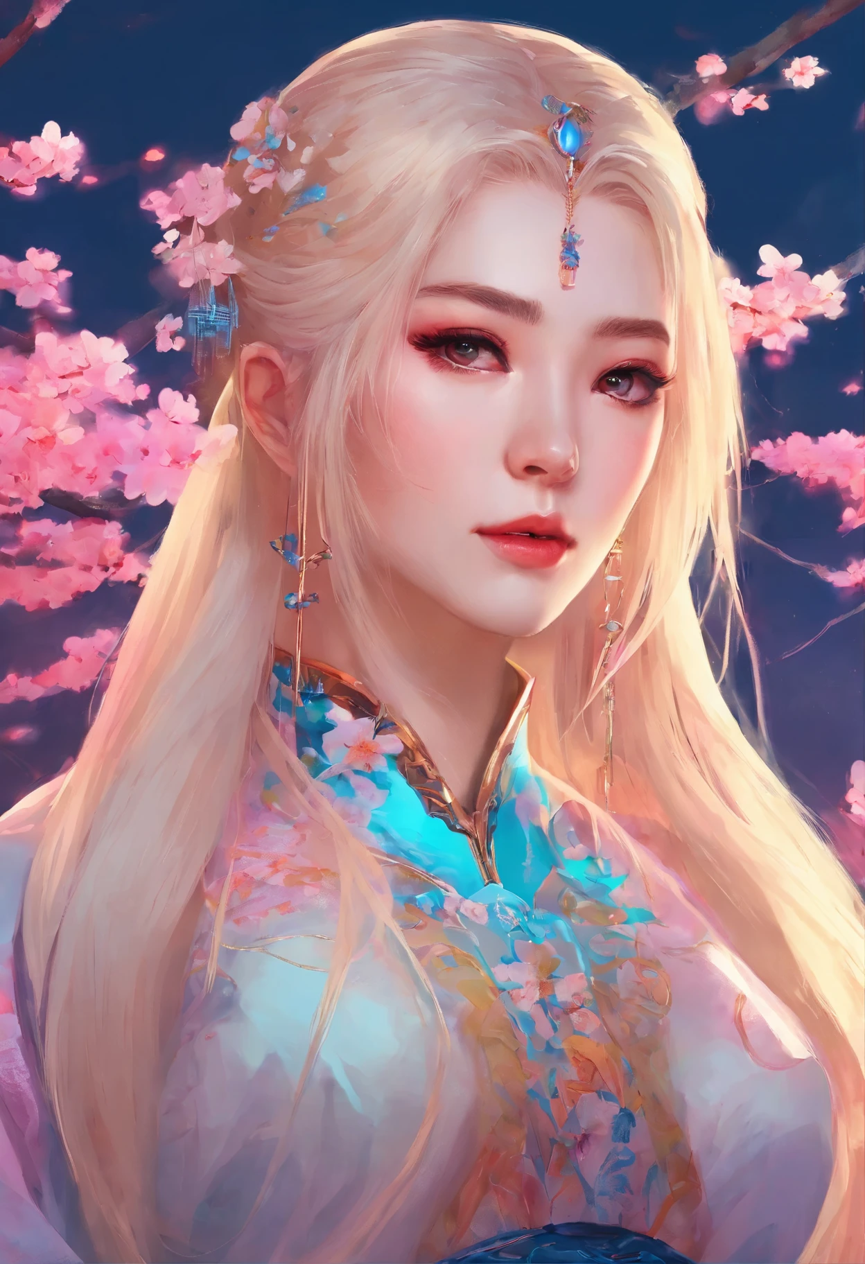 fantasy, portrait, Asia, European appearance, beautiful girl, delicate face, long pale blonde hair, blue eyes, in a beautiful hanfu, emphasizing the figure in light colors, expressive breasts, cherry blossoms in the background, hd