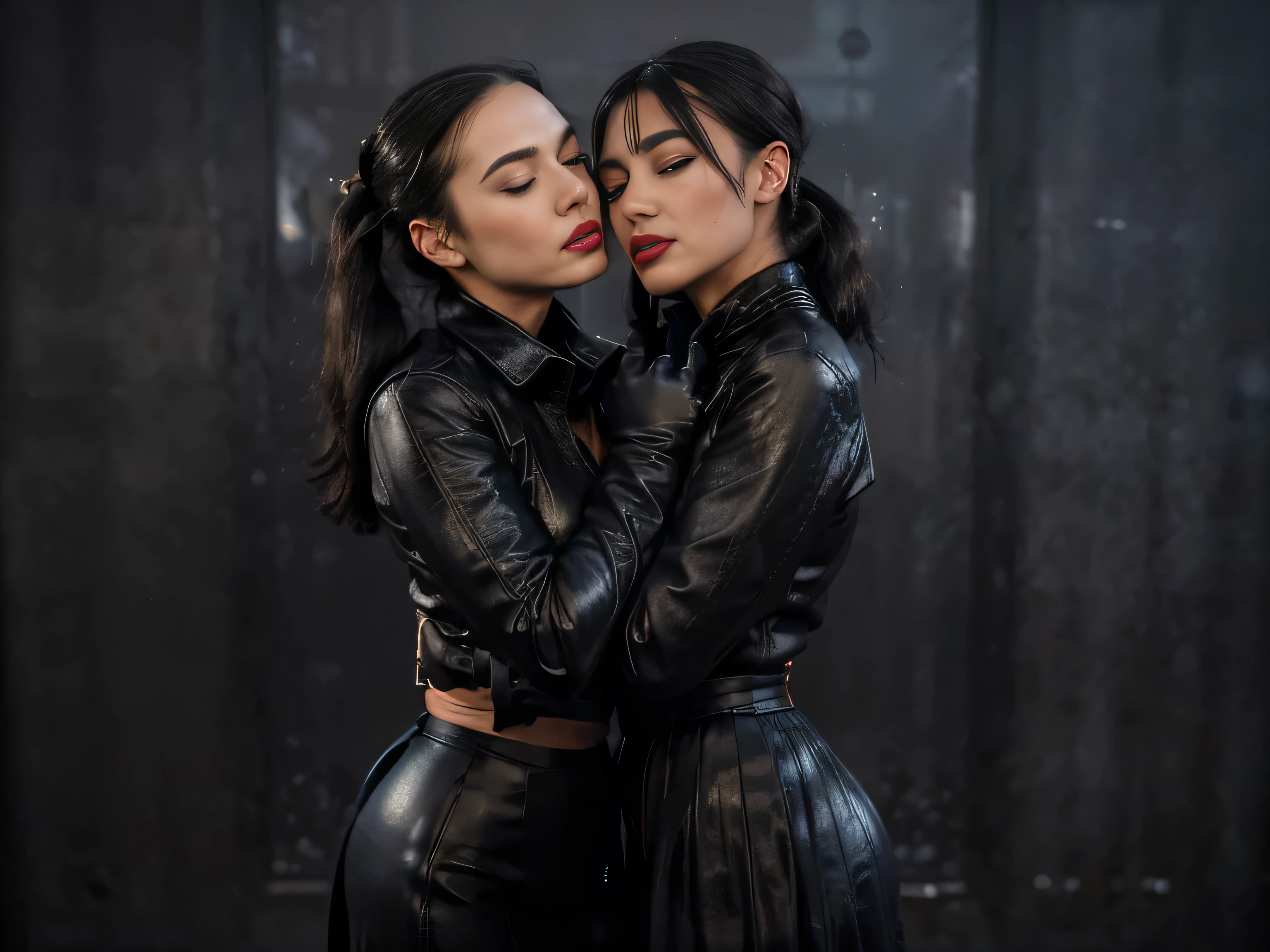 proFessional  photograph oF a gorgeous eyes closed soaked Bettie page girl and  her sister, (( grabbing from behind, kissing her on the neck,biting his ear )dressed with a large black leather coat,ponytail Black hair, red lipstick,black long maxi-skirt(black long maxi-skirt:1.2),sultry Flirty look, gorgeous symmetrical Face, joli maquillage naturel, wearing elegant warm winter Fashion clothing,flirting with the camera, ((black leather gloves)),, ultra realistic, art conceptuel, elegant, Very detailed, complexe, sharp Focus, depth oF Field, F/1. 8, 85mm, (((proFessionally color graded))), bright soFt diFFused light, (volumetric Fog), tendance sur Instagram, hdr 4k, 8K