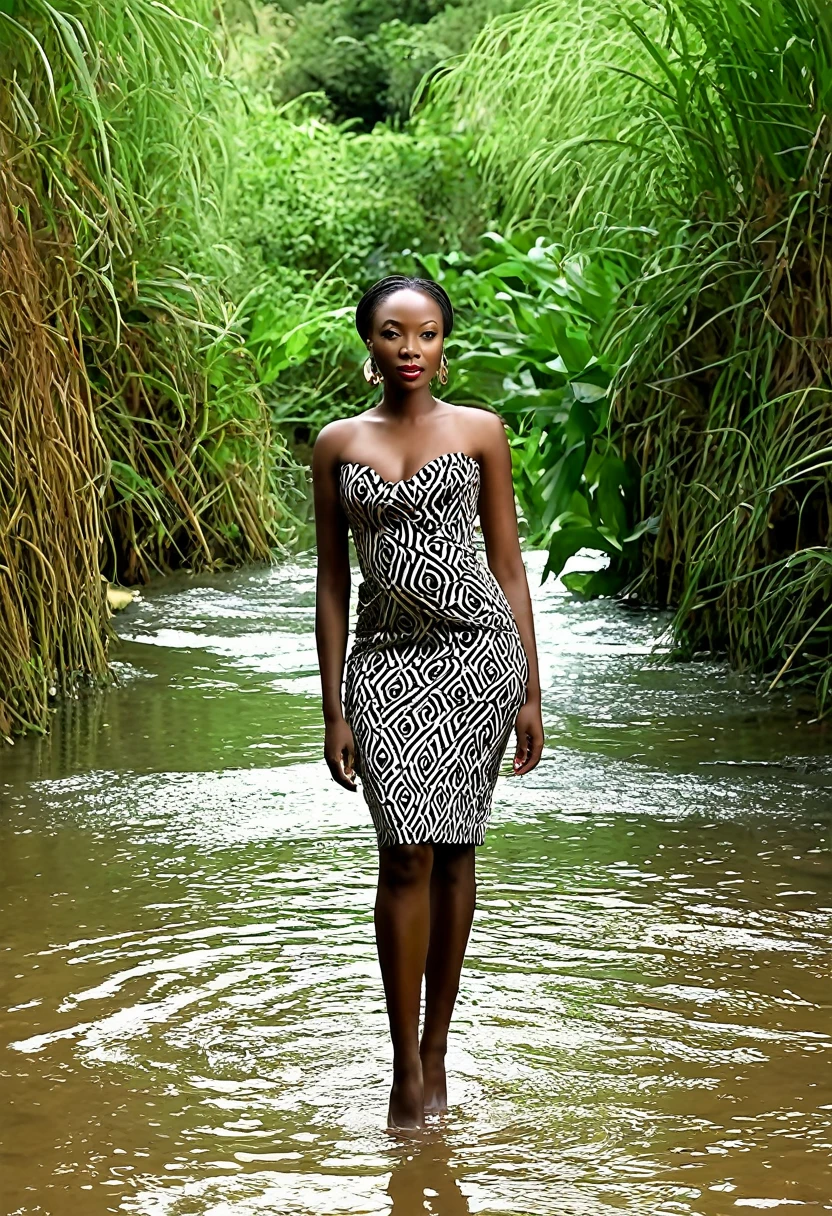 Belle femme congolaise dans une forêt devant un ruisseau portant une robe moulante en pagne africain ultra réaliste 