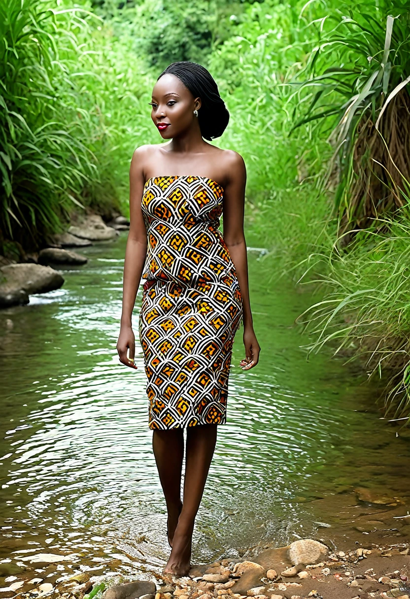 Belle femme congolaise dans une forêt devant un ruisseau portant une robe moulante en pagne africain ultra réaliste 