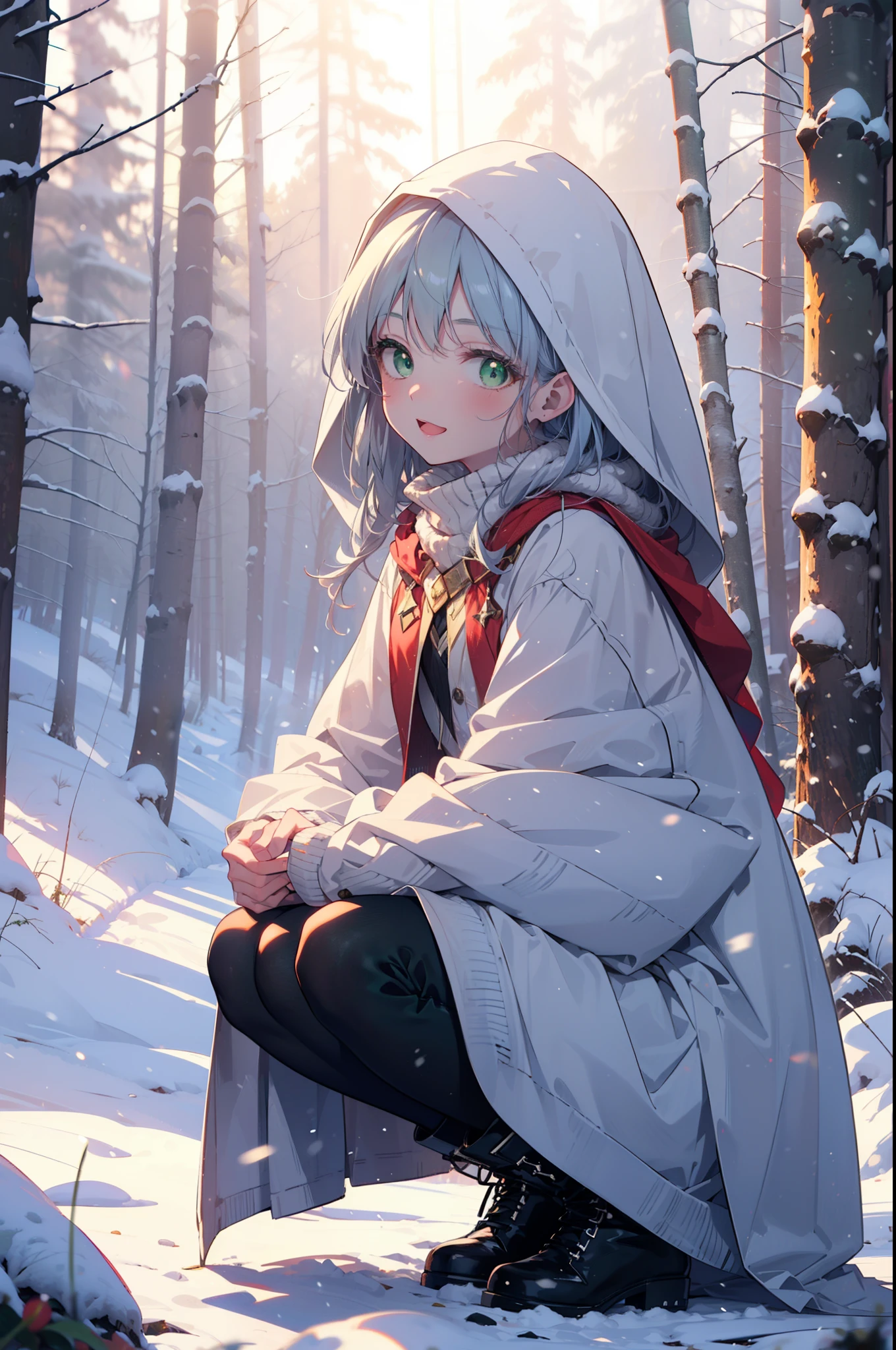 index, index, (Green Eyes:1.5), Silver Hair, Long Hair, (Flat Chest:1.2),happy smile, smile, Open your mouth,
Open your mouth,snow, fire, Outdoor, boots, snowing, From the side, wood, suitcase, Cape, Blurred, Food Up, forest, White handbag, nature,  Squat, Mouth closed, フードed Cape, winter, Written boundary depth, Black shoes, red Cape break looking at viewer, Upper Body, whole body, break Outdoor, forest, nature, break (masterpiece:1.2), highest quality, High resolution, unity 8k wallpaper, (shape:0.8), (Beautiful and beautiful eyes:1.6), Highly detailed face, Perfect lighting, Extremely detailed CG, (Perfect hands, Perfect Anatomy),