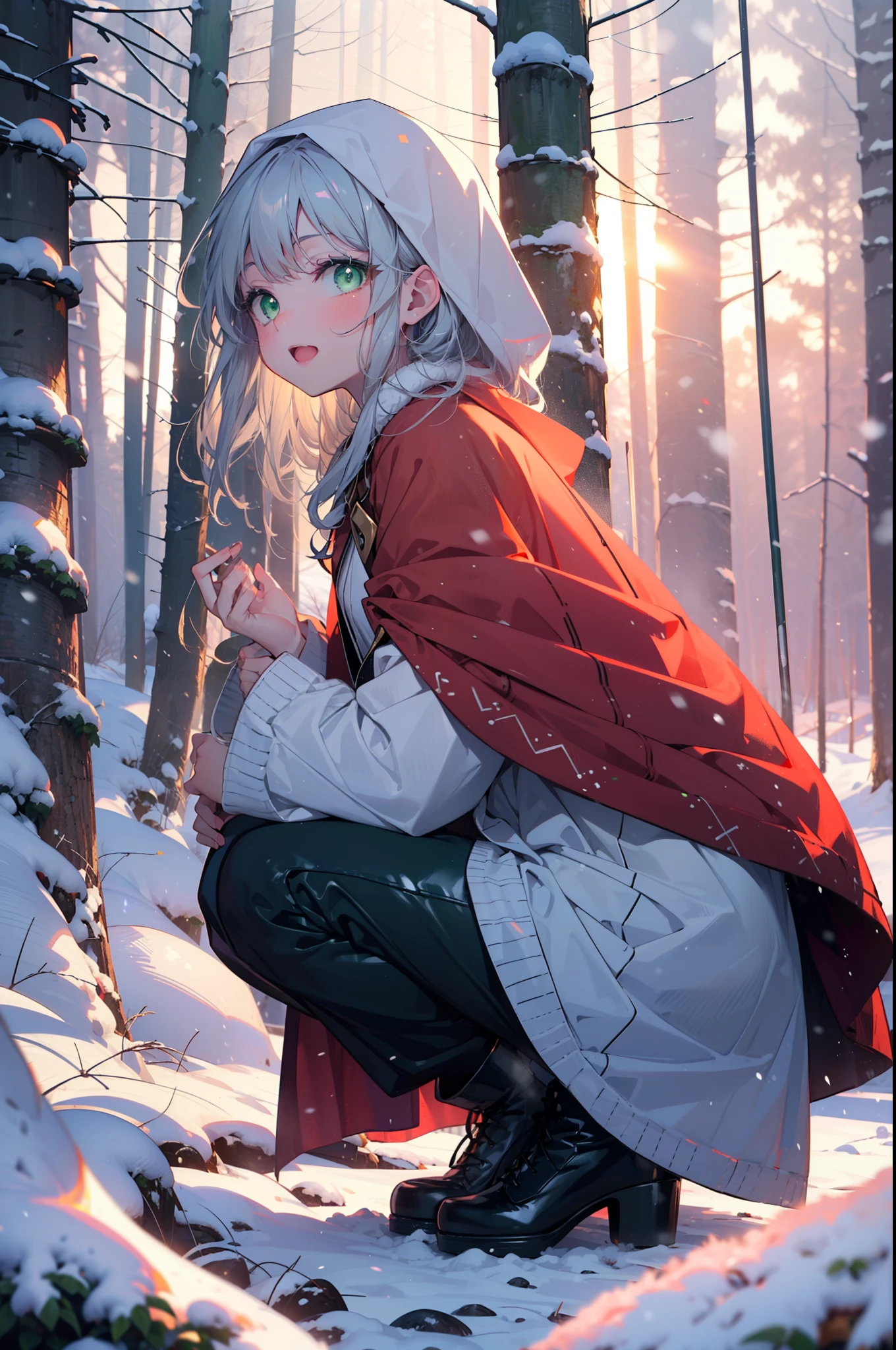 index, index, (Green Eyes:1.5), Silver Hair, Long Hair, (Flat Chest:1.2),happy smile, smile, Open your mouth,
Open your mouth,snow, fire, Outdoor, boots, snowing, From the side, wood, suitcase, Cape, Blurred, Food Up, forest, White handbag, nature, Squat, Mouth closed, フードed Cape, winter, Written boundary depth, Black shoes, red Cape break looking at viewer, Upper Body, whole body, break Outdoor, forest, nature, break (masterpiece:1.2), highest quality, High resolution, unity 8k wallpaper, (shape:0.8), (Beautiful and beautiful eyes:1.6), Highly detailed face, Perfect lighting, Extremely detailed CG, (Perfect hands, Perfect Anatomy),
