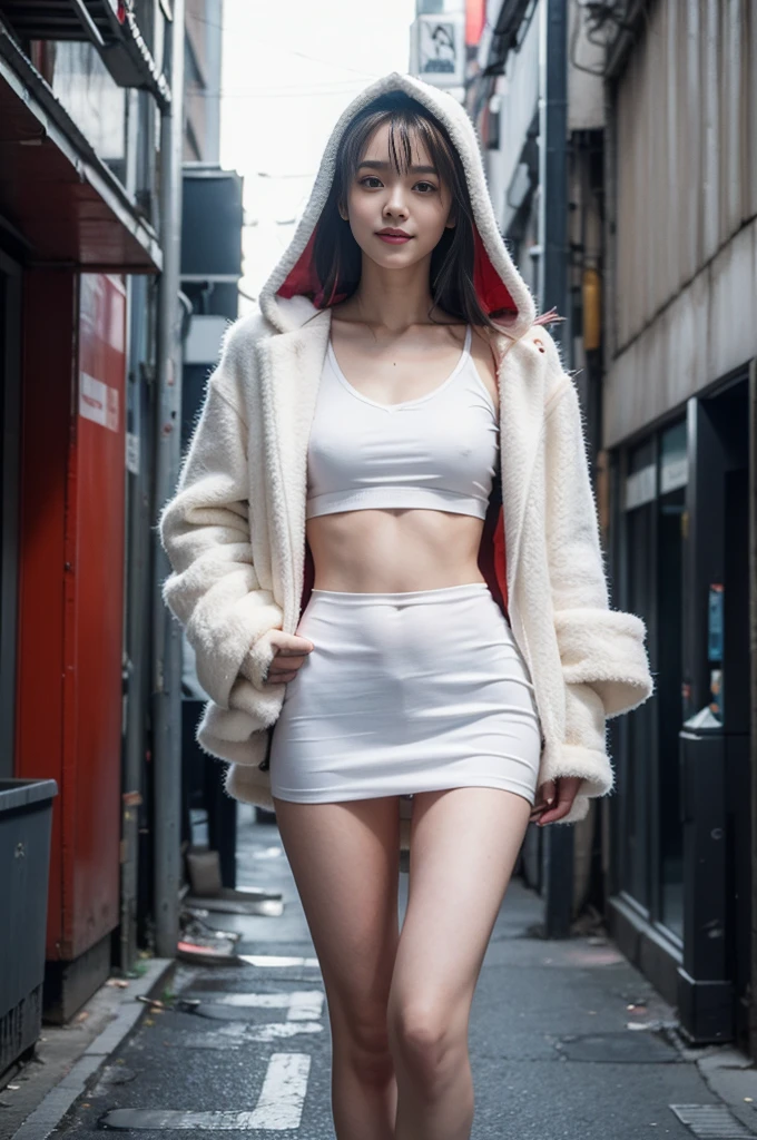 (RAW photos, best quality, masterpiece:1.2), (Practical, photo-Practical:1.4),(masterpiece:1.4),(best quality:1.4), ((Cyberpunk Girl)), ,Short white shirt，(open hooded fur coat，Red miniskirt)，((dynamic poses)), (((Cyberpunk city street background))), Hair intake, ((Long hair invisible)), Looking at the audience, Smile, (((thigh gap))), thigh, Very long hair, Multi-colored hair, Alice ,(Radiant skin),Practical.