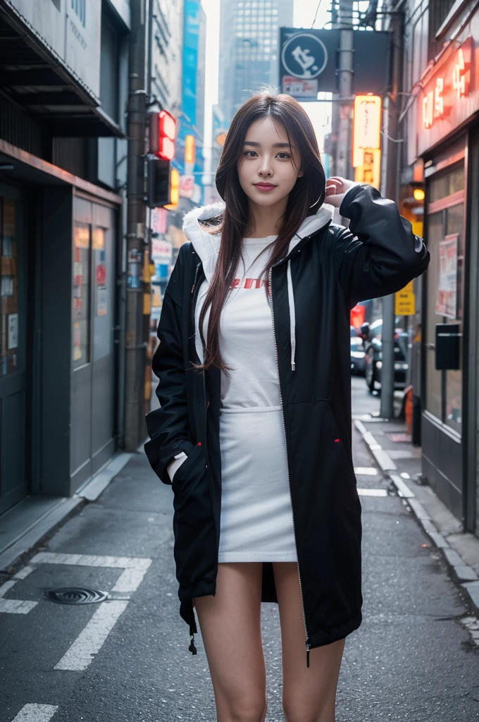 (RAW photos, best quality, masterpiece:1.2), (Practical, photo-Practical:1.4),(masterpiece:1.4),(best quality:1.4), ((Cyberpunk Girl)), ,Short white shirt，(open hooded fur coat，Red miniskirt)，((dynamic poses)), (((Cyberpunk city street background))), Hair intake, ((Long hair invisible)), Looking at the audience, Smile, (((thigh gap))), thigh, Very long hair, Multi-colored hair, Alice ,(Radiant skin),Practical.