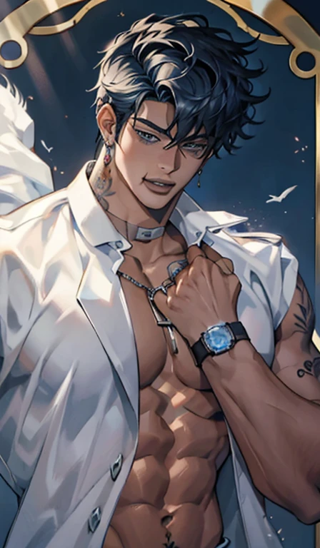 hombre guapoYoo Joonghyuk, 25 years old, ojos grises,Having a bracelet on your wrist,(Hay anillos de metal en los tobillos:0.8),chest muscle,oreja de bestia,Tatuajes trivales