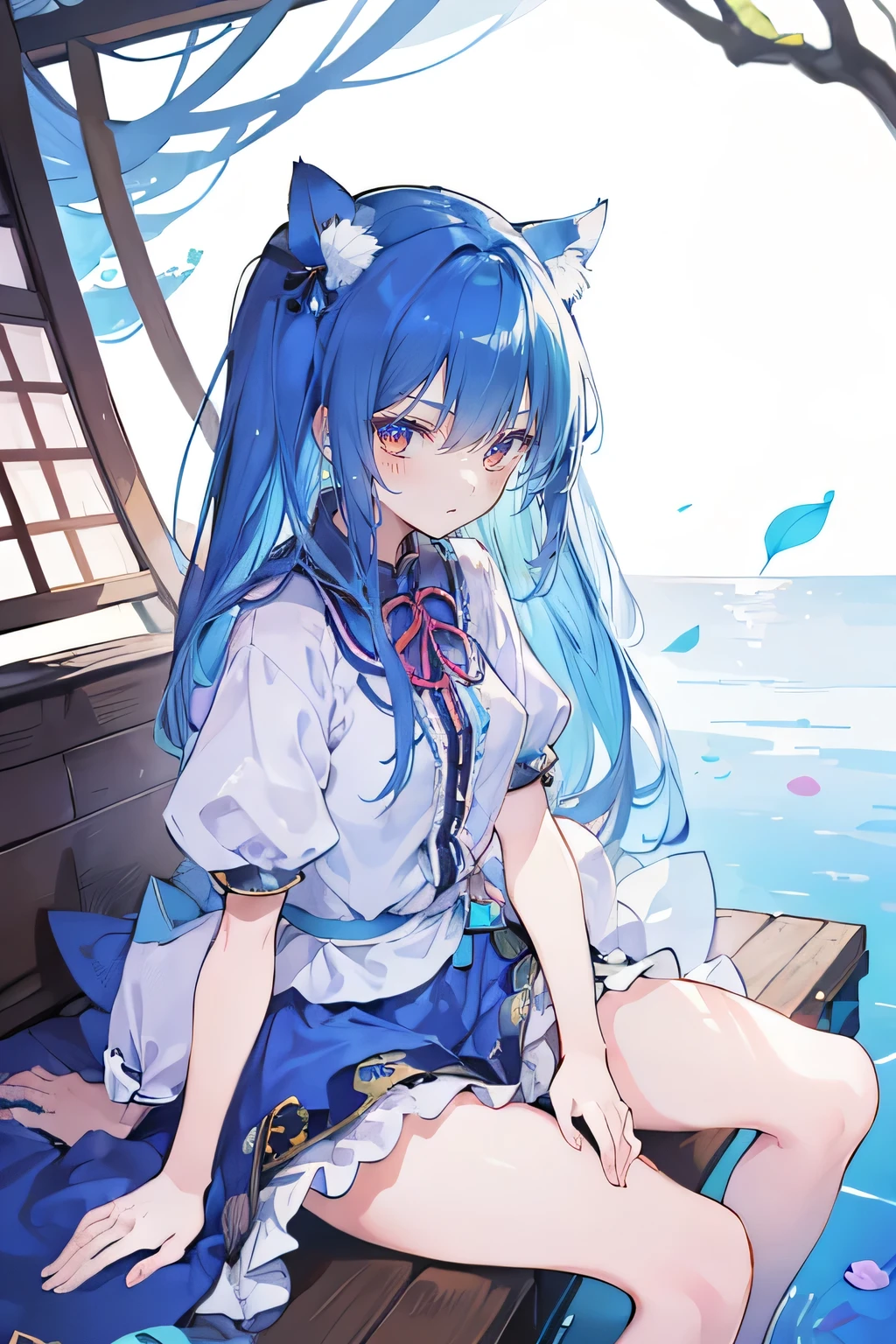 (masterpiece:1.2),ultra-detailed,realistic,expressive eyes,fair-skinned,perfectly shaped face,1girl,
Japanese cartoons,Gorgeous blue hair, flowing blue hair,floating clothes,cat ears,petals falling,beautiful Lola,Hina Angel,
hands on waist,gracefully sitting on the ground,legs crossed,gentle and serene background,cool and comfortable pavilion.