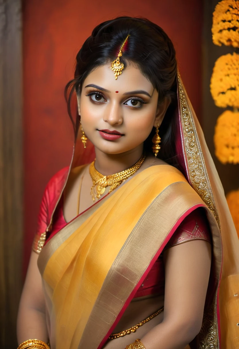 (best quality,4k,8k,highres,masterpiece:1.2),ultra-detailed,(realistic,photorealistic,photo-realistic:1.37),hot kerala girl in studio,20 years old,sexy wedding saree,firm breast,sexy ass,hourglass figure,slim body, honeymoon mood,sexy eyes,beautiful detailed lips,longeyelashes,medium breast,fit body,vivid colors,studio lighting,sharp focus,physically-based rendering,ultra-fine painting,professional,palette of warm tones,hints of gold,soft and sensual lighting