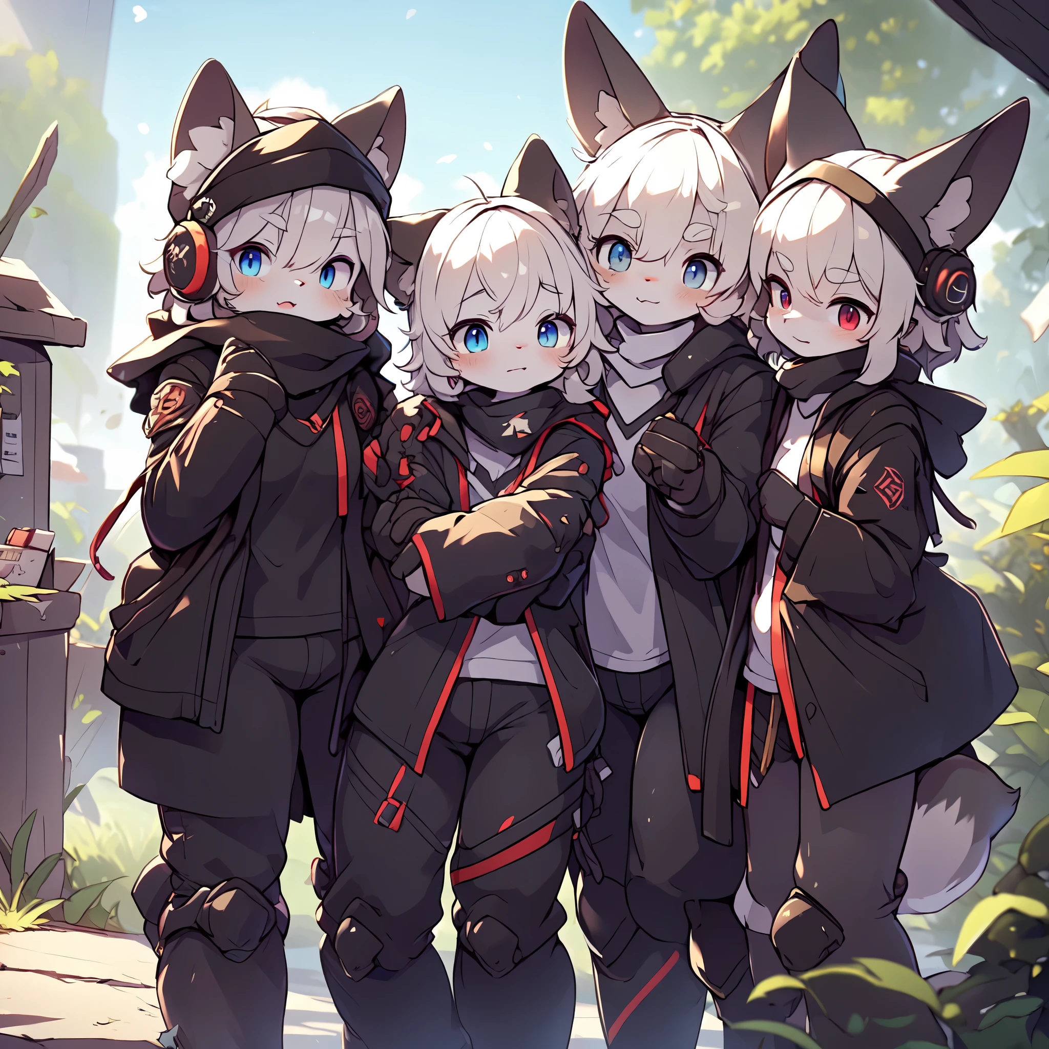 Kawaii, Striped Fluffy Fox, emaciated, long hair, 3girls, artificial synthetic skin, life support prosthetics, digital headphones, black tight latex bodysuit, white long dress, thigh-high-socks, shorts, loose off-the-shoulder hood open jacket, holsters in thigh, Mechanical boots, tactical knee pads, tactical belted loose Arm Sleeves, cybernetic Display gloves, chest rigs, tactical belts, blue archive halo, bulletproof goggles on forehead, from Ark nights, ray tracing, depth of field, bloom, masterpiece, ccurate, high details, highres