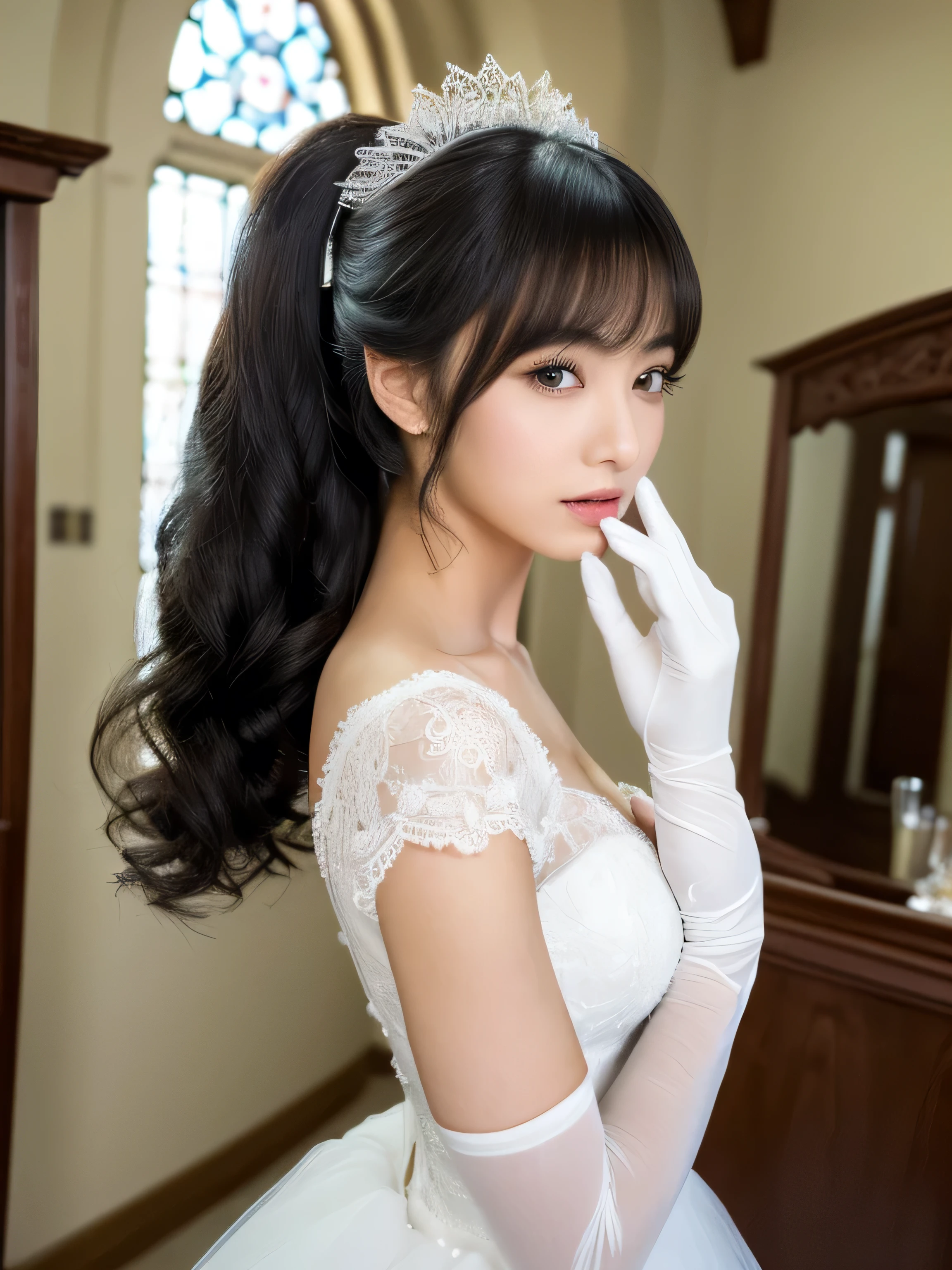 (Turn your whole body to the viewer:1.5) (Perfect Face Her face is slim and dignified..., length, Narrow eyes..々Solo photo of 24 year old, The most attractive woman in Japan with a beautiful face) (she looks at the viewer with a very seductive expression.) ((Her Deep Black hair is incredibly voluminous, Very heavy、Unusually straight, Very shiny、Silky.、Reaches to the ass、とんでもなく長いAbsurdly extra extreme Long twintails or long ponytail Very thick, Deep Black, Bristles. Very long:1.3、Absurdly extra extreme Long twintails or long ponytails :1.3 Black hair)) ((Hairstyle: Absurdly extra extreme long twintails or long ponytails)) ((highest quality)), ((masterpiece)), (familiar) (Get used to it) (Her skin is a typical Japanese skin color....、Very detailed) (Big Breasts) (she has a beautiful face with a slender figure., Narrow eyes.) (She has well-groomed full bangs and blunt bangs.:1.4) (she has perfect sexy makeup Lipstick is light red Black eyeliner) (She is a random lady standing pose) ((Rich 1.4)) (Extremely detailed 8K) (Stable Diffusion Model) (Ultra-fine skin texture 1.4) (Actual, Vibrant:1.4), double eyelid Sharp focus:1.2、Beautiful woman:1.4 Dynamic Lighting (Genuine RAW photos taken by professional photographers) Professionally lit from the front ((This is a church with stained glass. bride in white Wedding dress and gloves standing in front of mirror, dressed beautiful gown, Wedding dress, wearing organza gown, wearing a Wedding dress, Wear a voile dress, white gown, white regal gown, gown, beautiful gown, beautiful Wedding dress, Tulle and lace, white!!, beautiful and elegant, white gloves, ground!, white royal dress, white satin gloves)) (she'Perfect tiara)