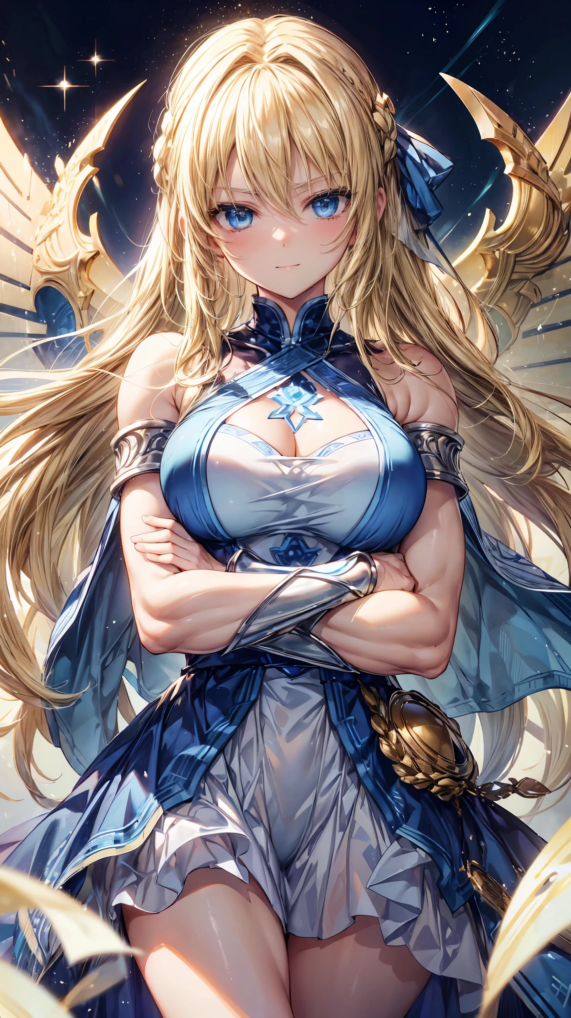 Very detailed、highest quality、Best image quality、masterpiece、8k、Anime Face、A kind smile、Open your mouth、Sparkling blue eyes、(Blonde:1.5)、(Arms crossed:1.5)、Muscles of the whole body、Sophitia Alexandra