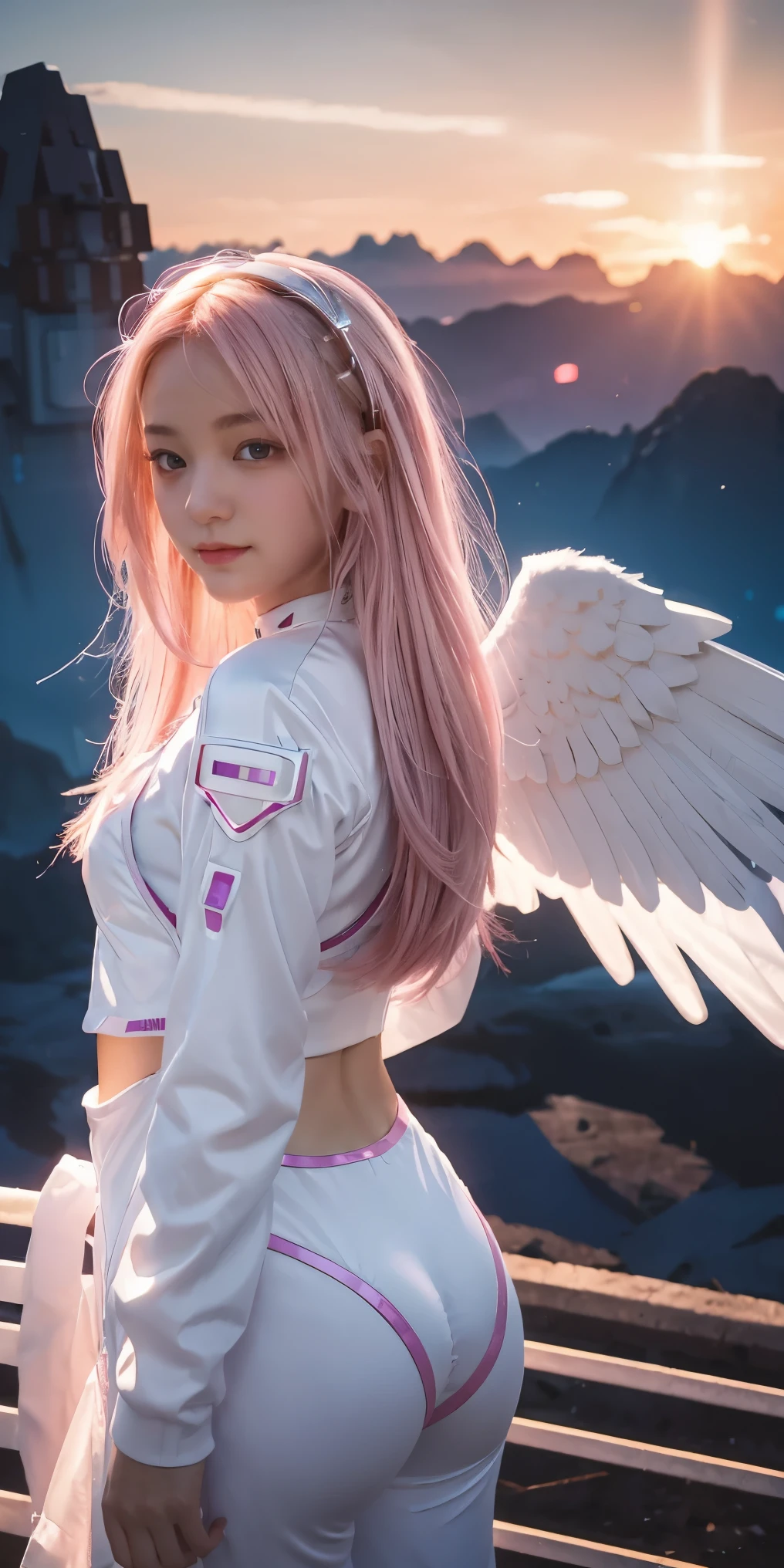 ((masterpiece, best quality, extremely detailed), volumetric lighting, ambient occlusion, colorful, glowing), 
1girl, solo, young girl, (pink hair), long hair, halo, aura, sacred, godness, cyber suit, (white outfit:1.3), android, bot, angel wings,
outdoors, sunset, sky, clouds, space, (cyberpunk theme:1.2),