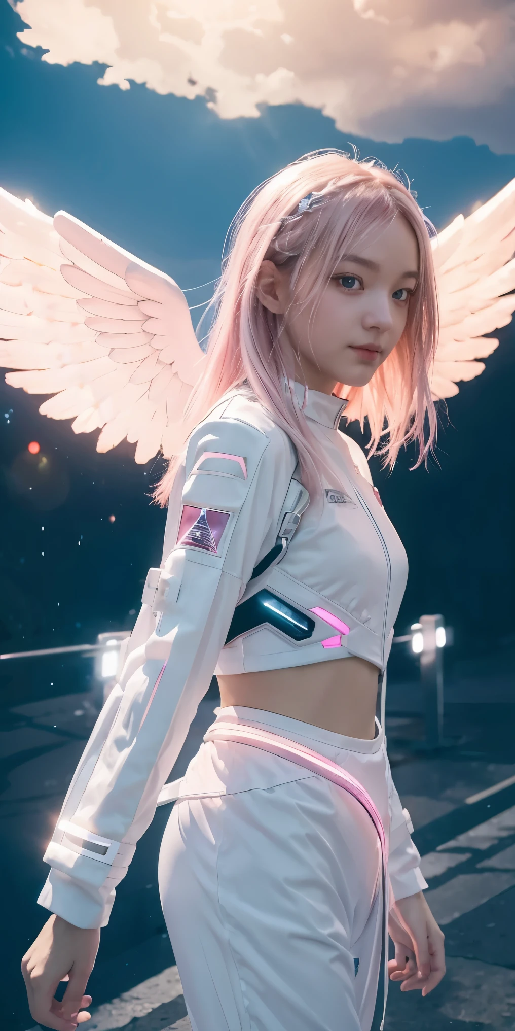 ((masterpiece, best quality, extremely detailed), volumetric lighting, ambient occlusion, colorful, glowing),
1girl, solo, young girl, (pink hair), long hair, halo, aura, sacred, godness, cyber suit, (white outfit:1.3), android, bot, angel wings,
outdoors, sunset, sky, clouds, space, (cyberpunk theme:1.2),