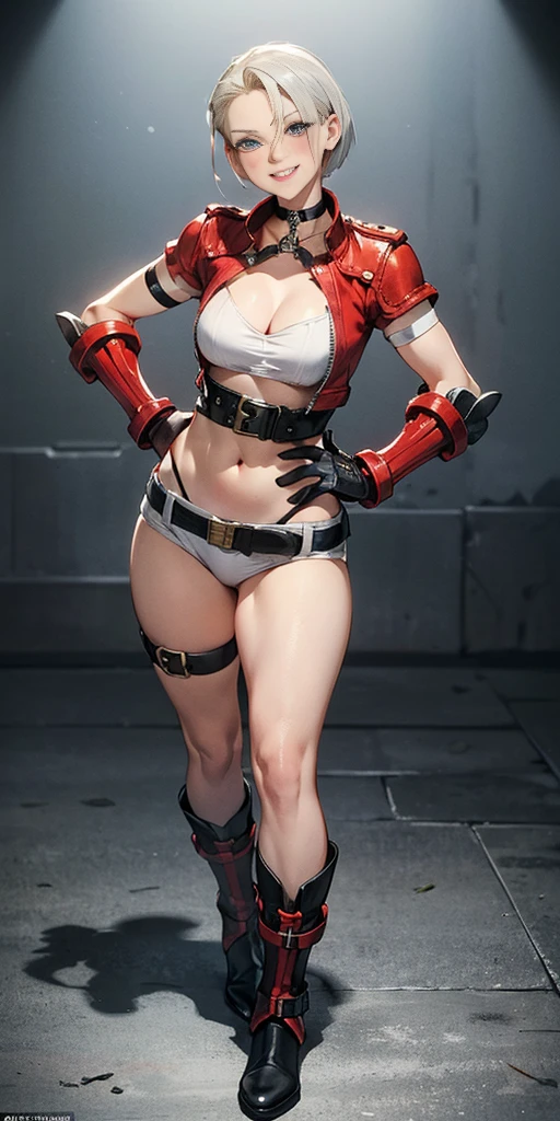 (Masterpiece, 4k, plain background:1.2) Female Cammy White Street Fighter red gloves gauntlets full body standing straight symmetrical feet together looking to the viewer RED full body armored, 2 crossing big belt under belly button, navel, abs, garter straps belts attaching bra big knockers, view from below, wide hips, thick thighs legs apart from below depth range, smile red cheeks, long messy hair ponytail, (handcuffs, shackles, rerebrace, faulds, poleyn, leather collar choker, high boots bootstraps, sleeves, stockings) ((hands on hips))
