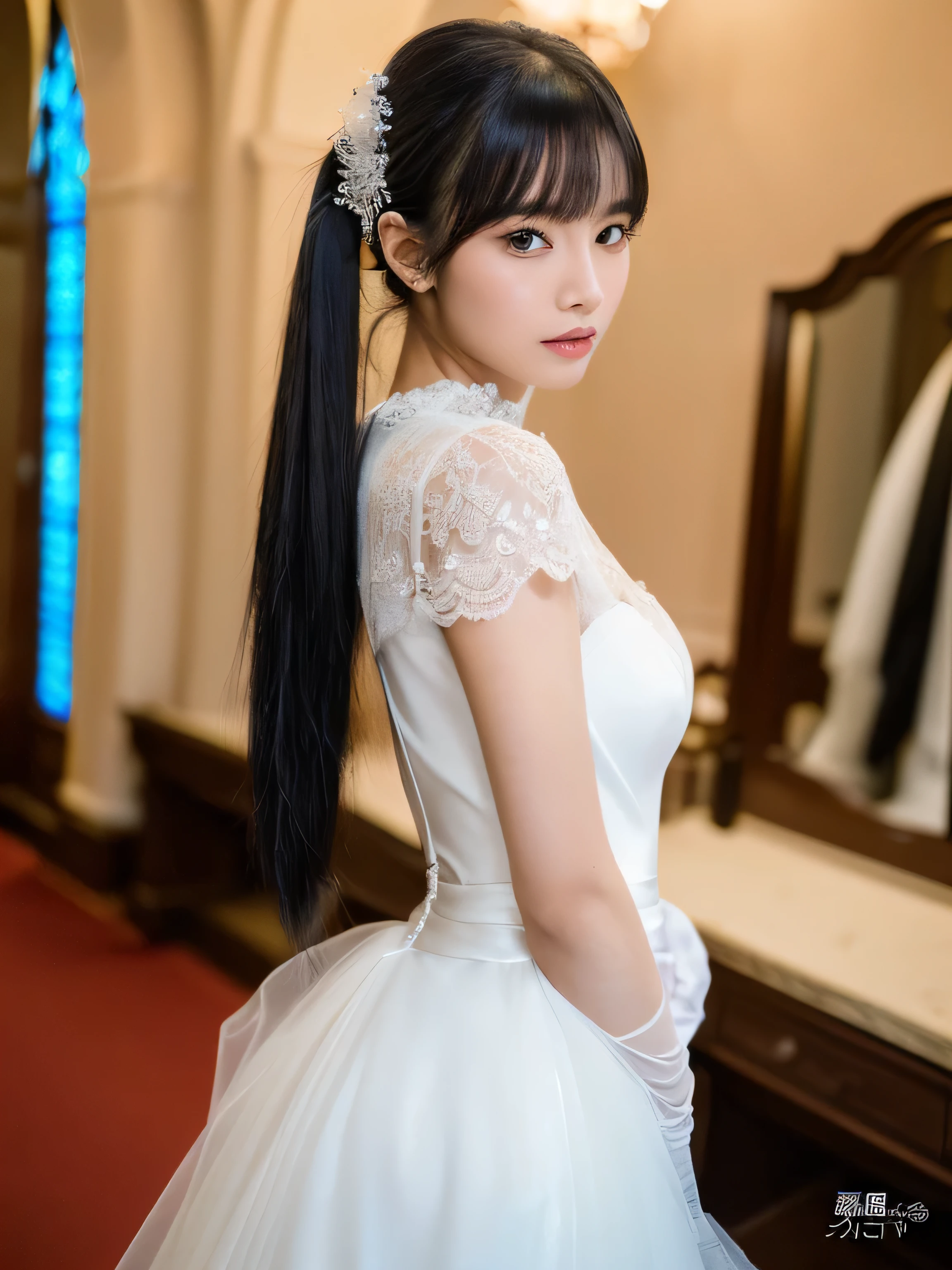 (Turn your whole body to the viewer:1.5) (Perfect Face Her face is slim and dignified..., length, Narrow eyes..々Solo photo of 24 year old, The most attractive woman in Japan with a beautiful face) (she looks at the viewer with a very seductive expression.) ((Her Deep Black hair is incredibly voluminous, Very heavy、Unusually straight, Very shiny、Silky.、Reaches to the ass、Absurdly extra extreme Long twintails Very thick, Deep Black, Bristles. Very long:1.3、Absurdly extra extreme Long twintails:1.3 Black hair)) ((Her hairstyle is Absurdly Extra Extreme Long Twintails)) ((highest quality)), ((masterpiece)), (familiar) (Get used to it) (Her skin is a typical Japanese skin color....、Very detailed) (Big Breasts) (she has a beautiful face with a slender figure., Narrow eyes.) (She has well-groomed full bangs and blunt bangs.:1.4) (she has perfect sexy makeup Lipstick is light red Black eyeliner) (She is a random lady standing pose) ((Rich 1.4)) (Extremely detailed 8K) (Stable Diffusion Model) (Ultra-fine skin texture 1.4) (Actual, Vibrant:1.4), double eyelid Sharp focus:1.2、Beautiful woman:1.4 Dynamic Lighting (Genuine RAW photos taken by professional photographers) Professionally lit from the front ((This is a church with stained glass. bride in white Wedding dress and gloves standing in front of mirror, dressed beautiful gown, Wedding dress, wearing organza gown, wearing a Wedding dress, Wear a voile dress, white gown, white regal gown, gown, beautiful gown, beautiful Wedding dress, Tulle and lace, white!!, beautiful and elegant, white gloves, ground!, white royal dress, white satin gloves)) (she'Perfect tiara)