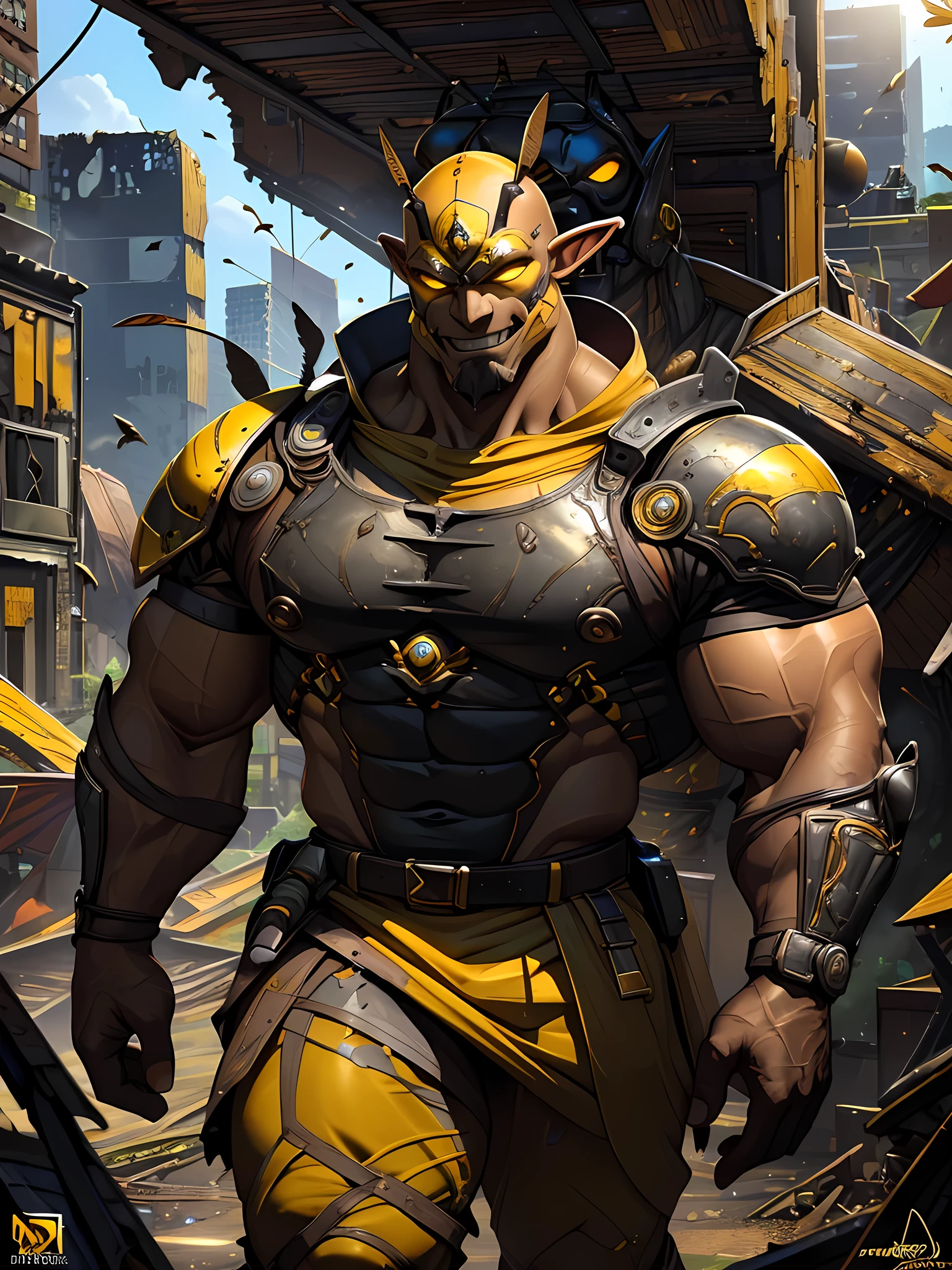 ((absurdres)) perfect whole body, ultra photorealistic, top quality, Photorealistic, ((16k UHD)) High Definition, high-res, ultra sharp, masterpiece, the best quality, intricate details, detailed eyes, perfect face detailed face, orange goggles, masterpiece, highly detailed exquisite character art, perfectly detailed anatomy, detailed body, detailed pecs, pecs, thick thighs, thick, beefy body (((cinematic light))), ultra-realistic, (((1male))) ((tall muscular man male humanoid)), bald, humanoid yellow skin, big eggs, bee anatomy, deity, god of honey bees, humanoid black & yellow skin tone, yellow hue, powerful humanoid appearance, compound eyes, metallic scales, scales. Metallic armour, smiling face, strong jaw, high cheekbones, pecs, sexy pose, elf ears, glossy skin, large smirking face, (((ruined cityscape))) mandibles, Antenna, honey, ((male muscular stripe black & yellow humanoid insect honey bee)) (((yellow skin))), (((black skin)))